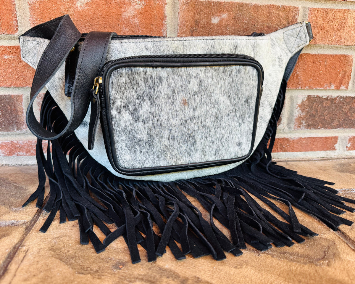 Black and White Cowhide Sling Bag With Fringe
