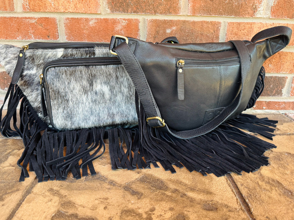 Black and White Cowhide Sling Bag With Fringe
