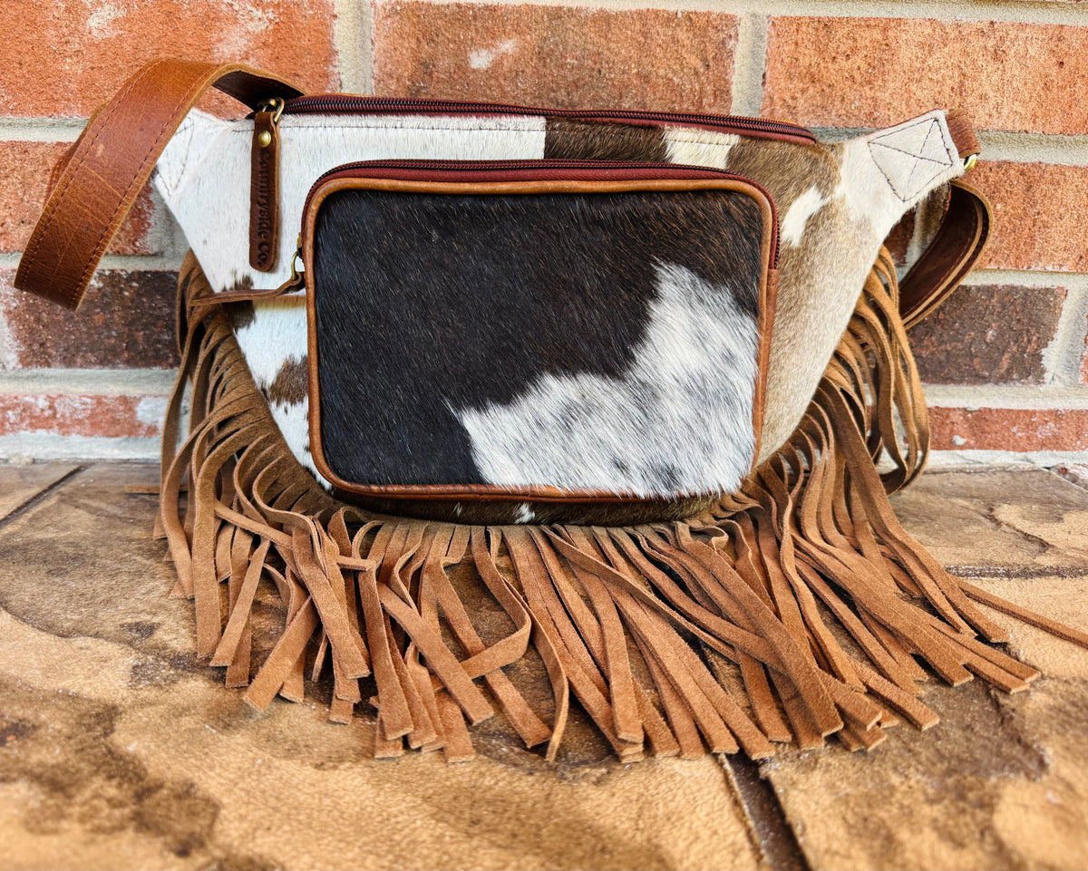 White and Brown Cowhide Sling Bag With Fringe