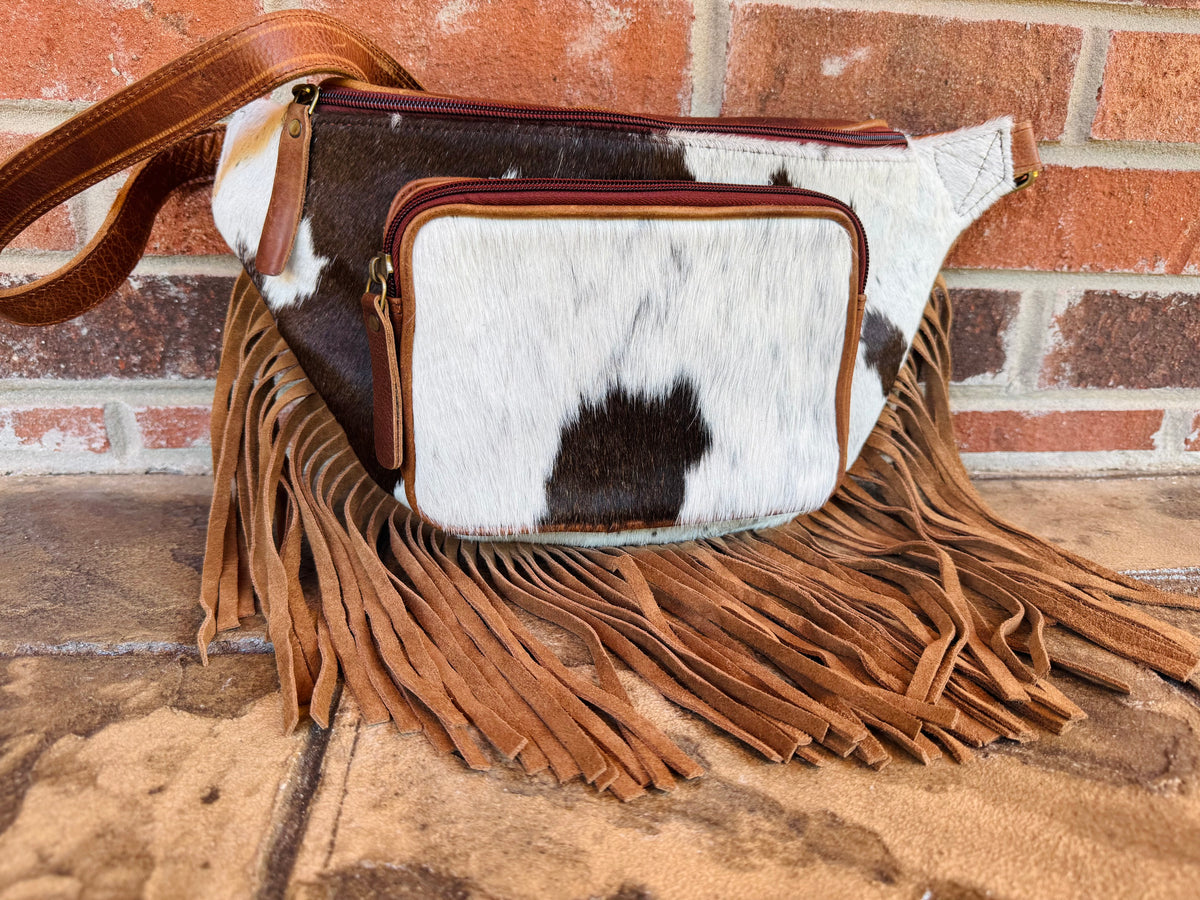 White and Brown Cowhide Sling Bag With Fringe