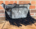 Black and White Cowhide Sling Bag With Fringe