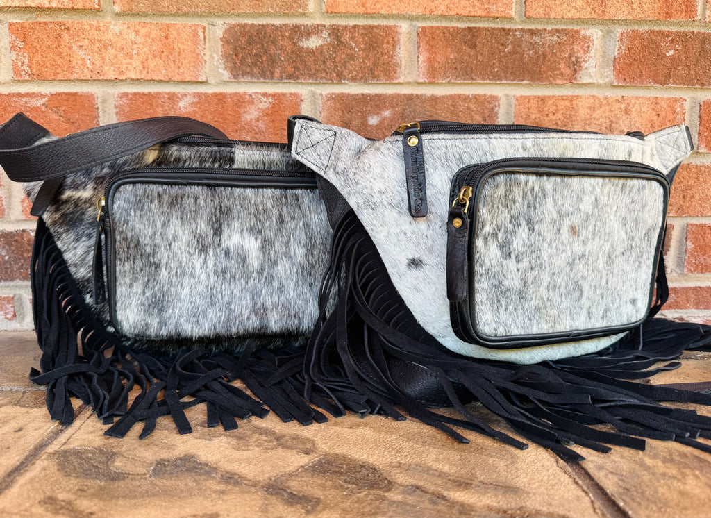 Black and White Cowhide Sling Bag With Fringe