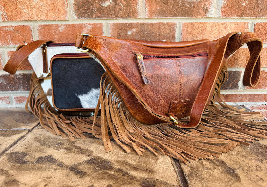 White and Brown Cowhide Sling Bag With Fringe