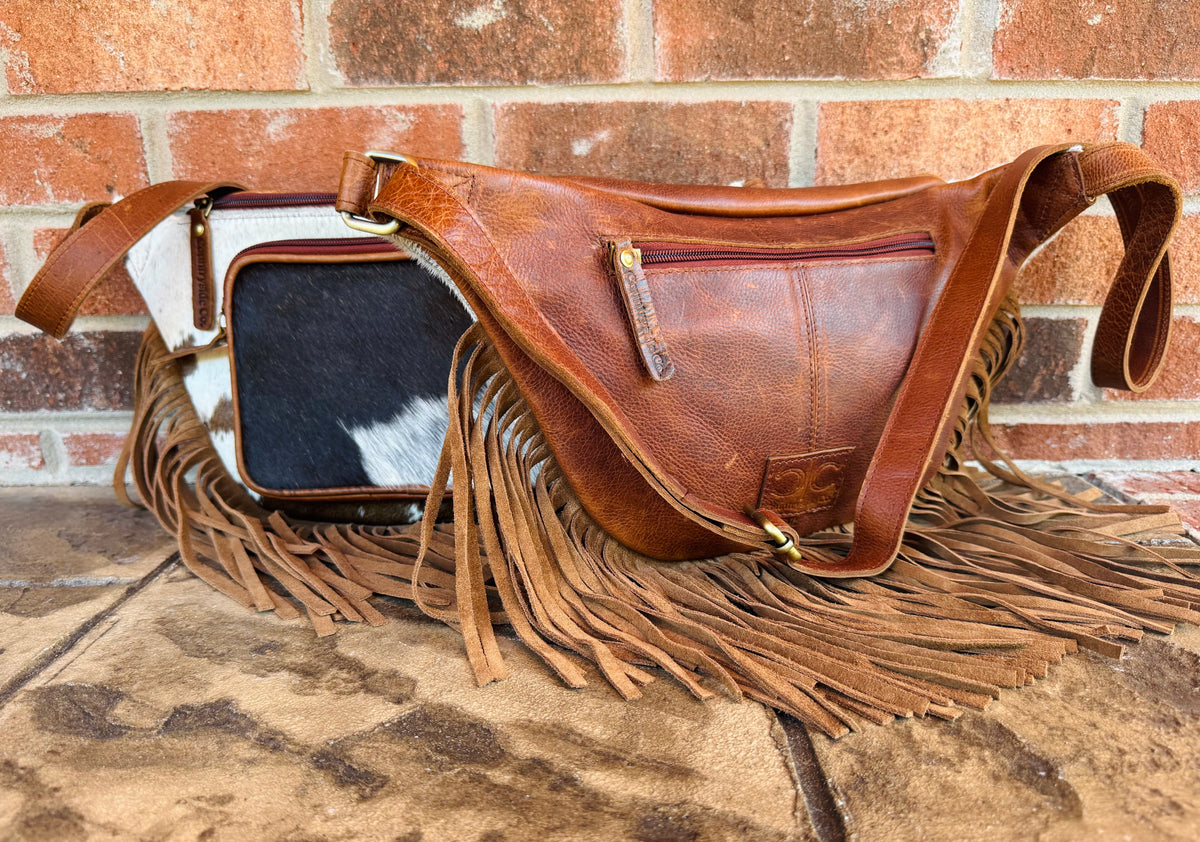 White and Brown Cowhide Sling Bag With Fringe