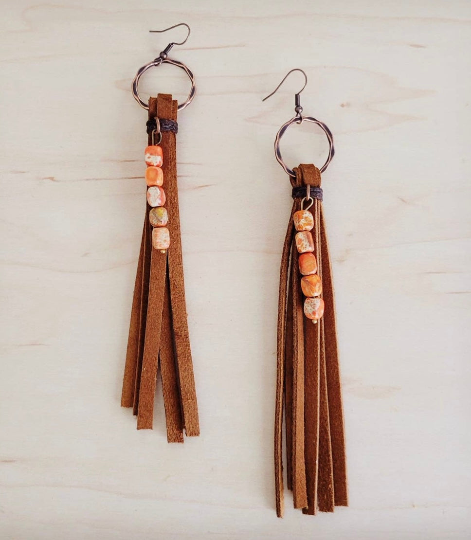 Brown Leather Fringe Earrings