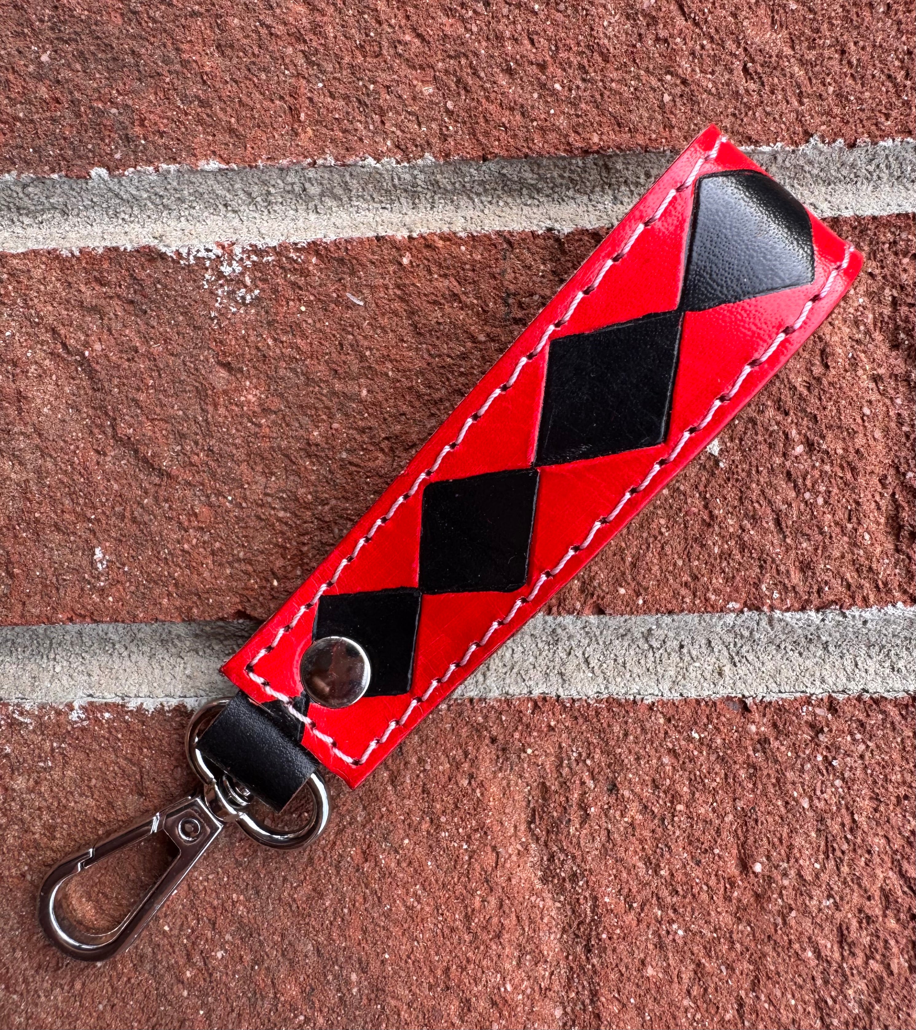 Red and Black Checkered Leather Keychain