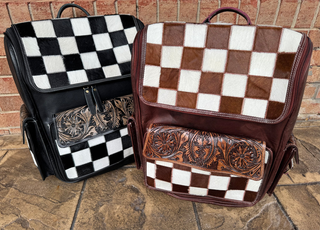 Checkered Cowhide and Leather Backpack
