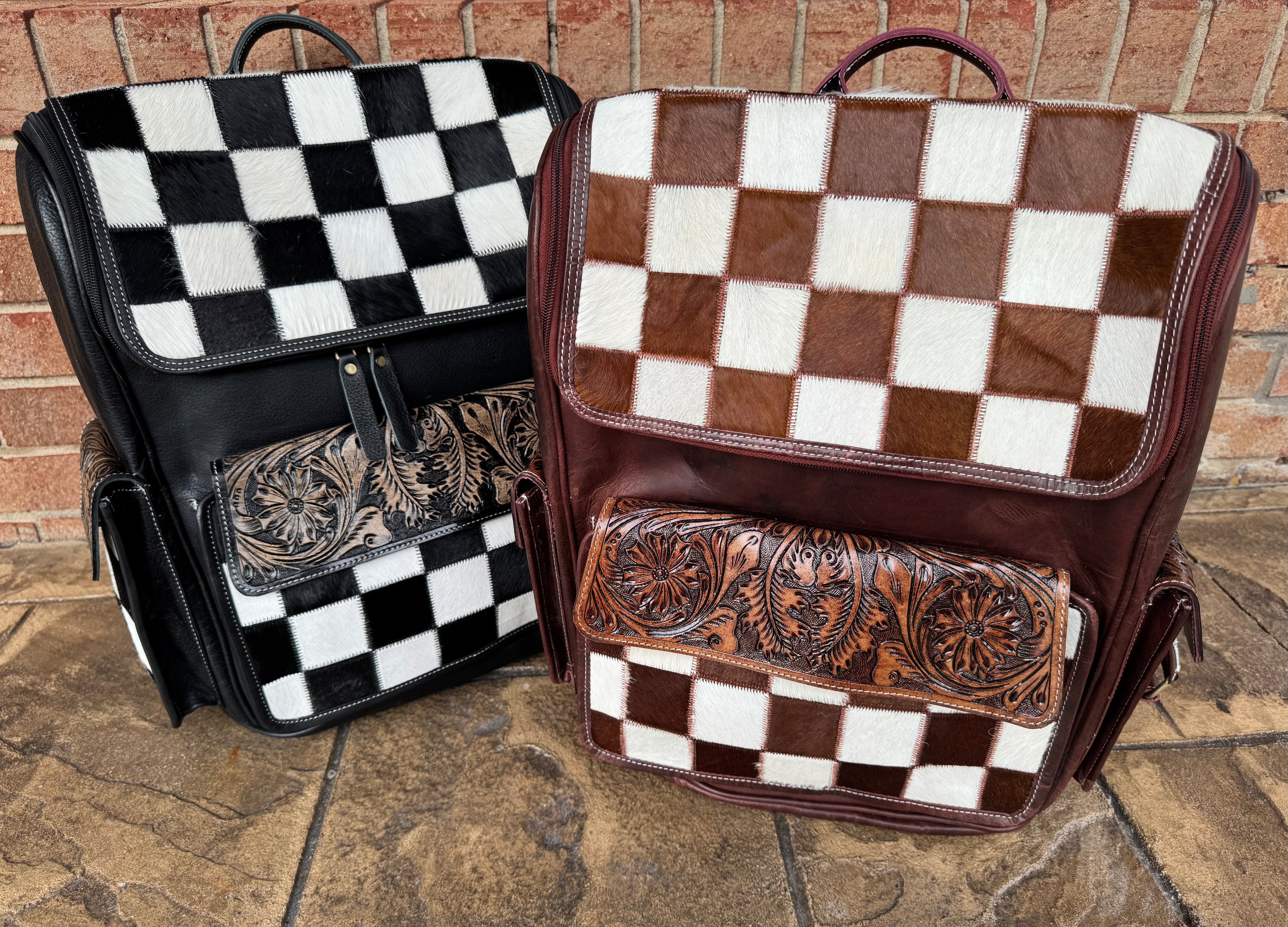 Checkered Cowhide and Leather Backpack