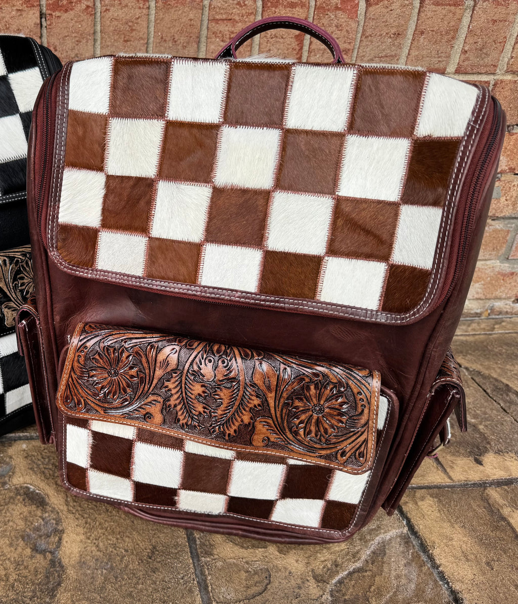 Checkered Cowhide and Leather Backpack