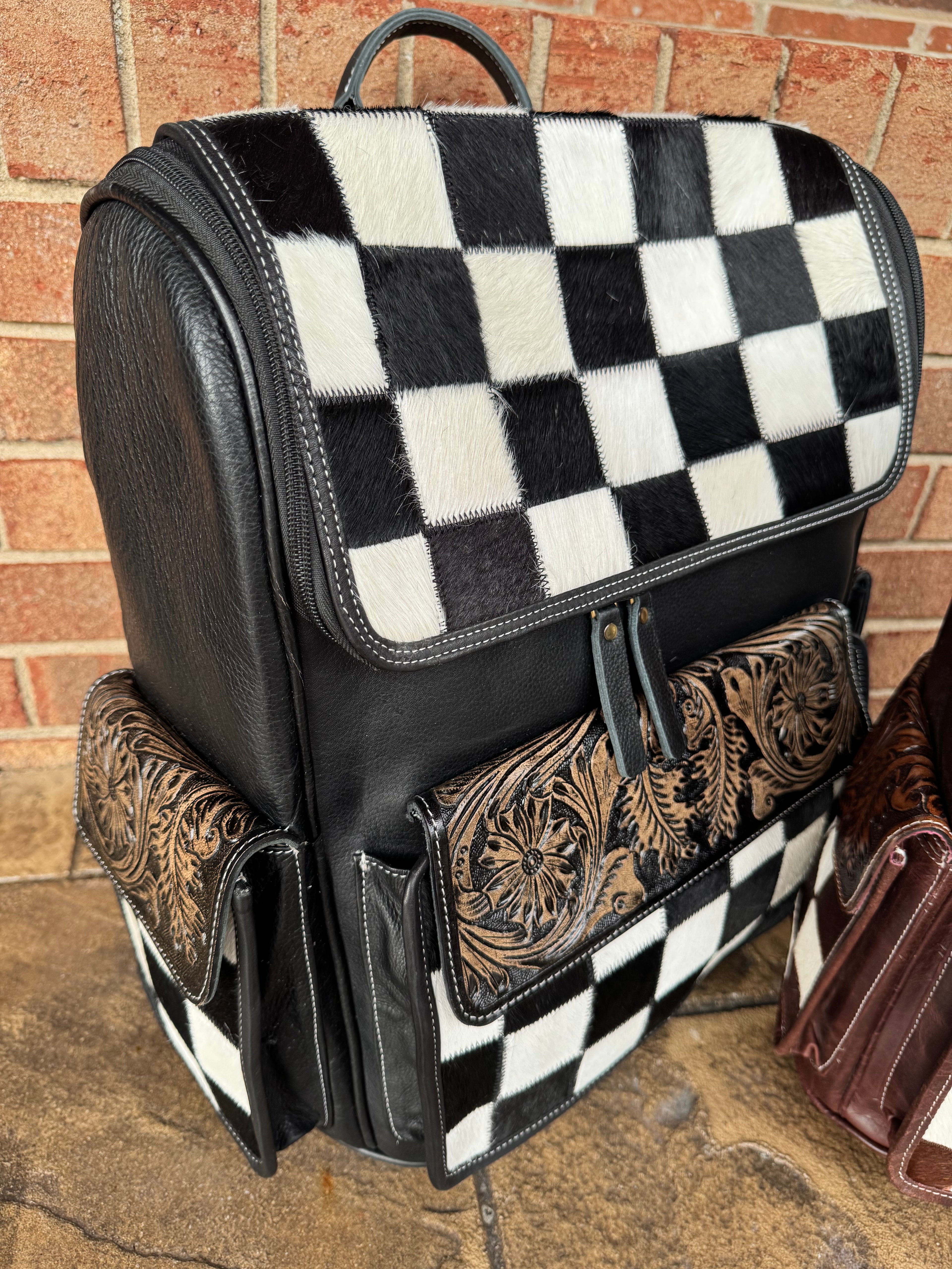 Checkered Cowhide and Leather Backpack