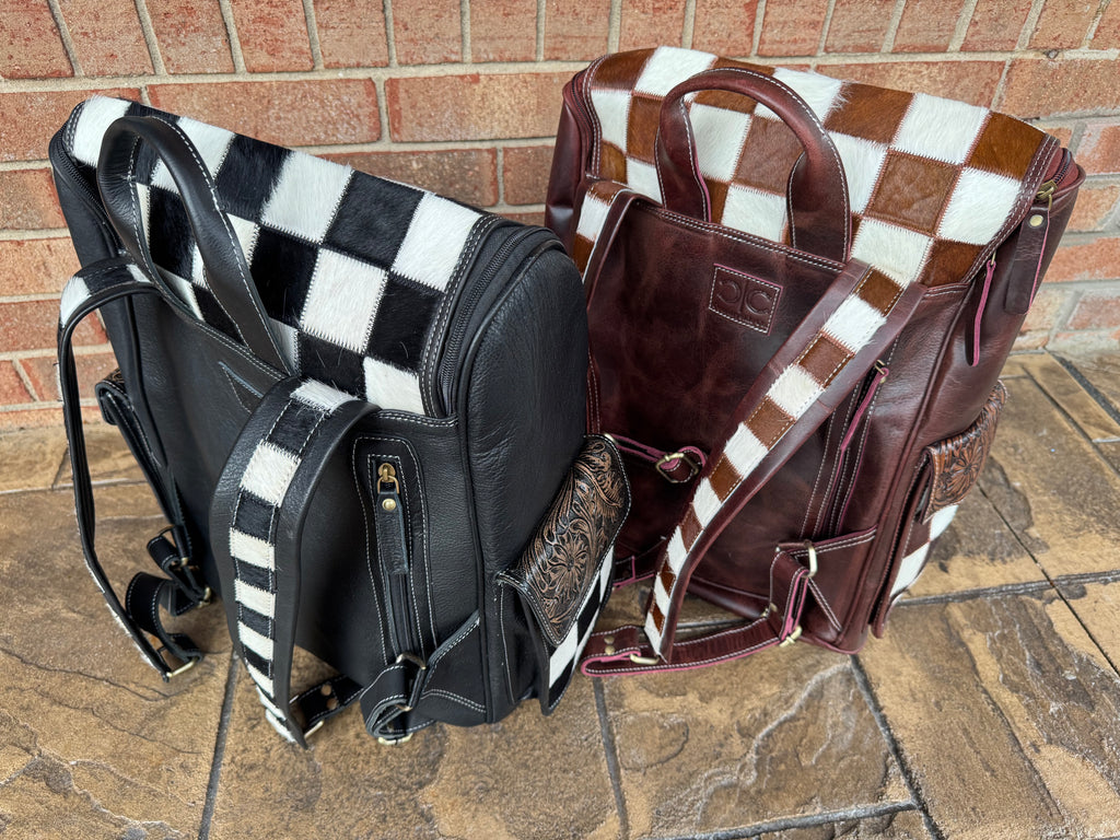 Checkered Cowhide and Leather Backpack