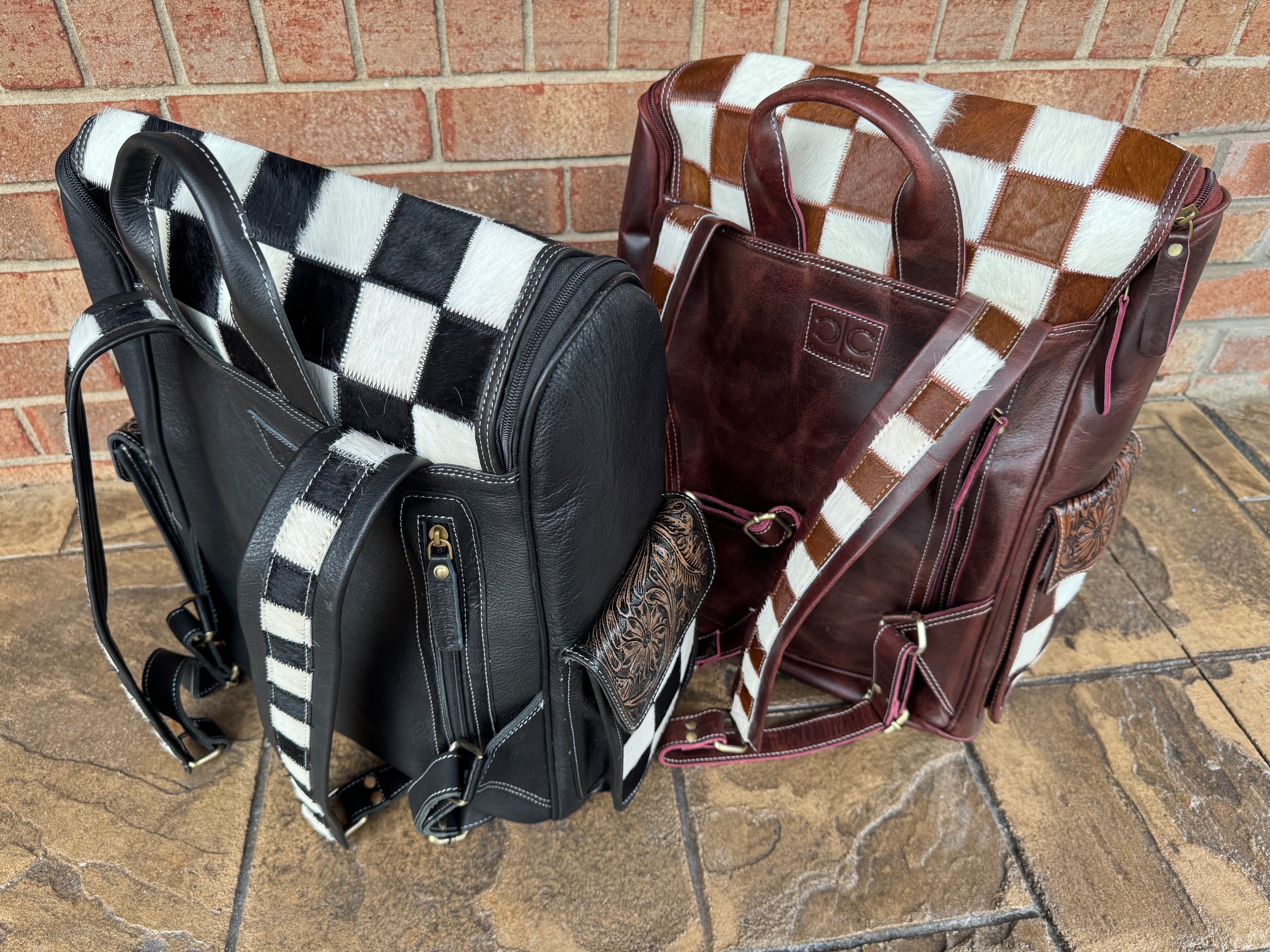 Checkered Cowhide and Leather Backpack