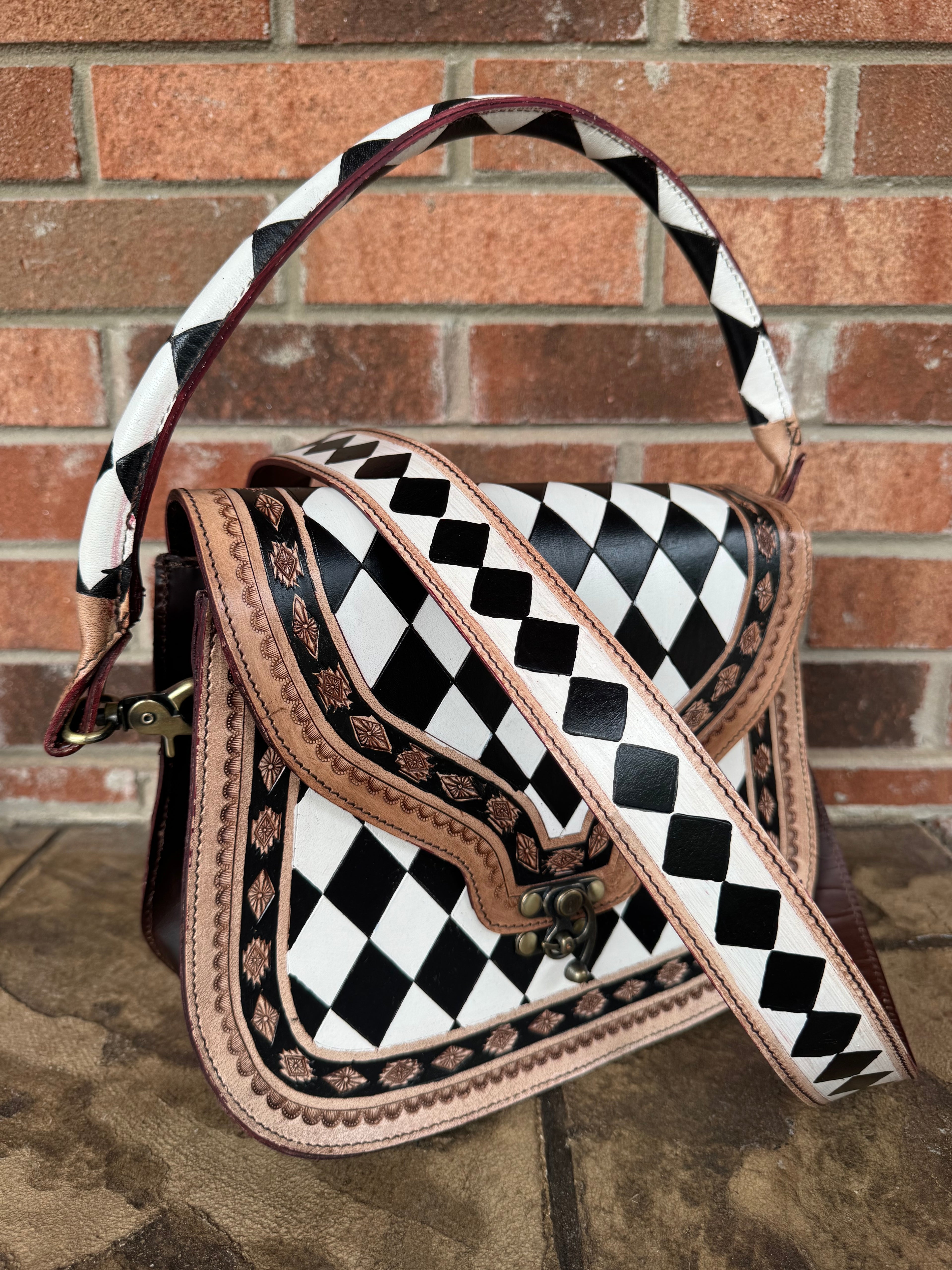 Tooled Leather and Checkered Handbag