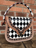 Tooled Leather and Checkered Handbag
