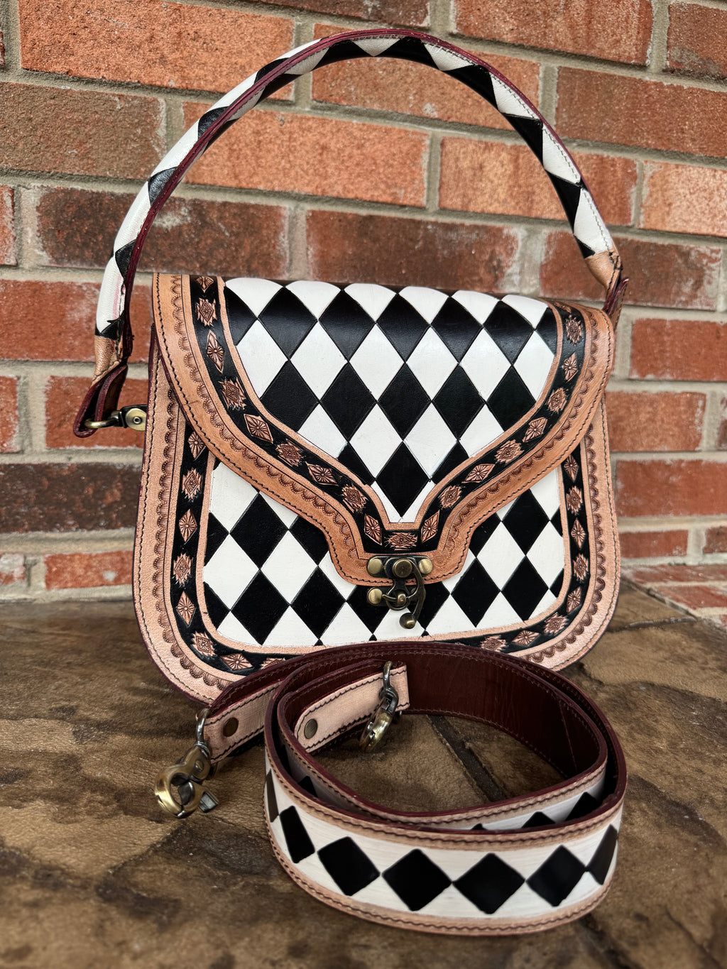 Tooled Leather and Checkered Handbag
