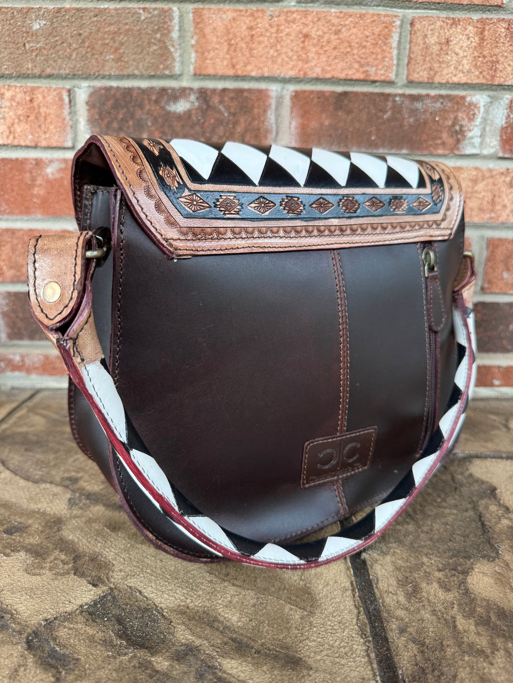 Tooled Leather and Checkered Handbag