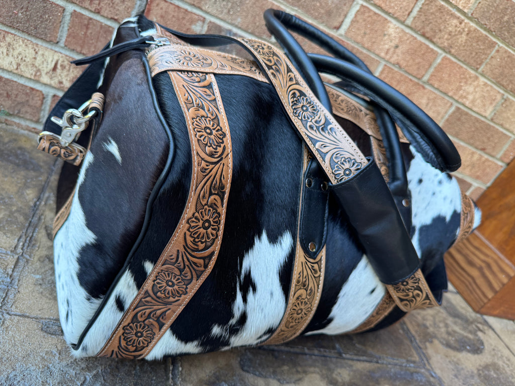 Tooled Leather and Cowhide Duffle Bag (Black/White Cowhide)
