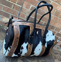 Tooled Leather and Cowhide Duffle Bag (Black/White Cowhide)