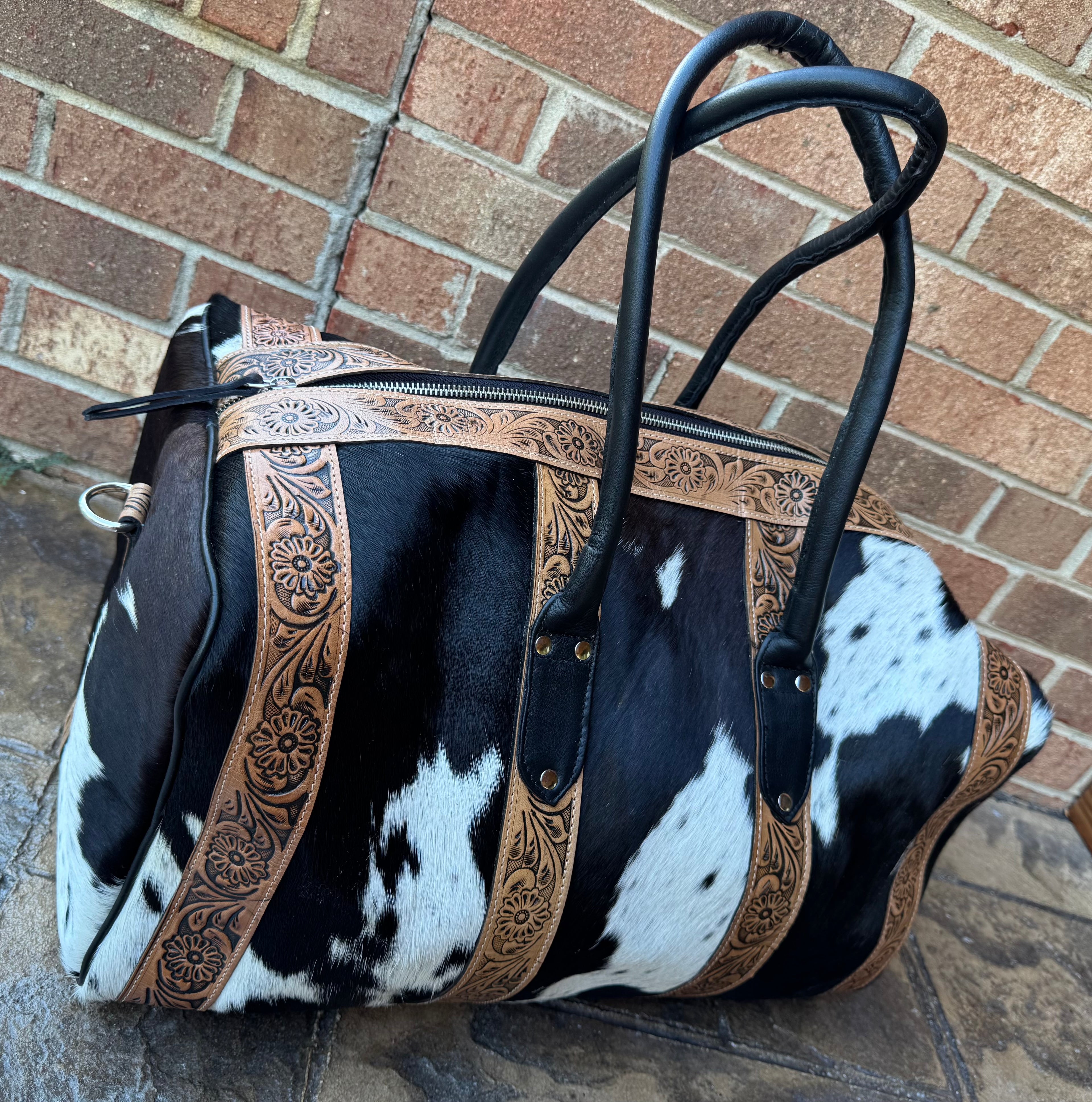 Tooled Leather and Cowhide Duffle Bag (Black/White Cowhide)