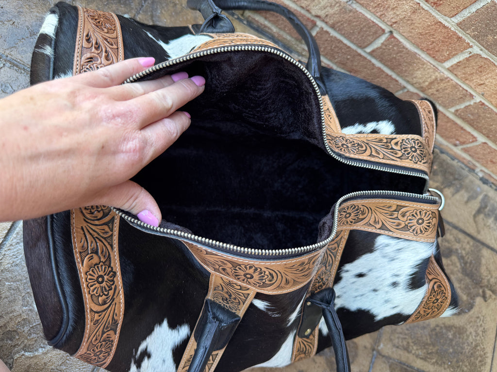 Tooled Leather and Cowhide Duffle Bag (Black/White Cowhide)