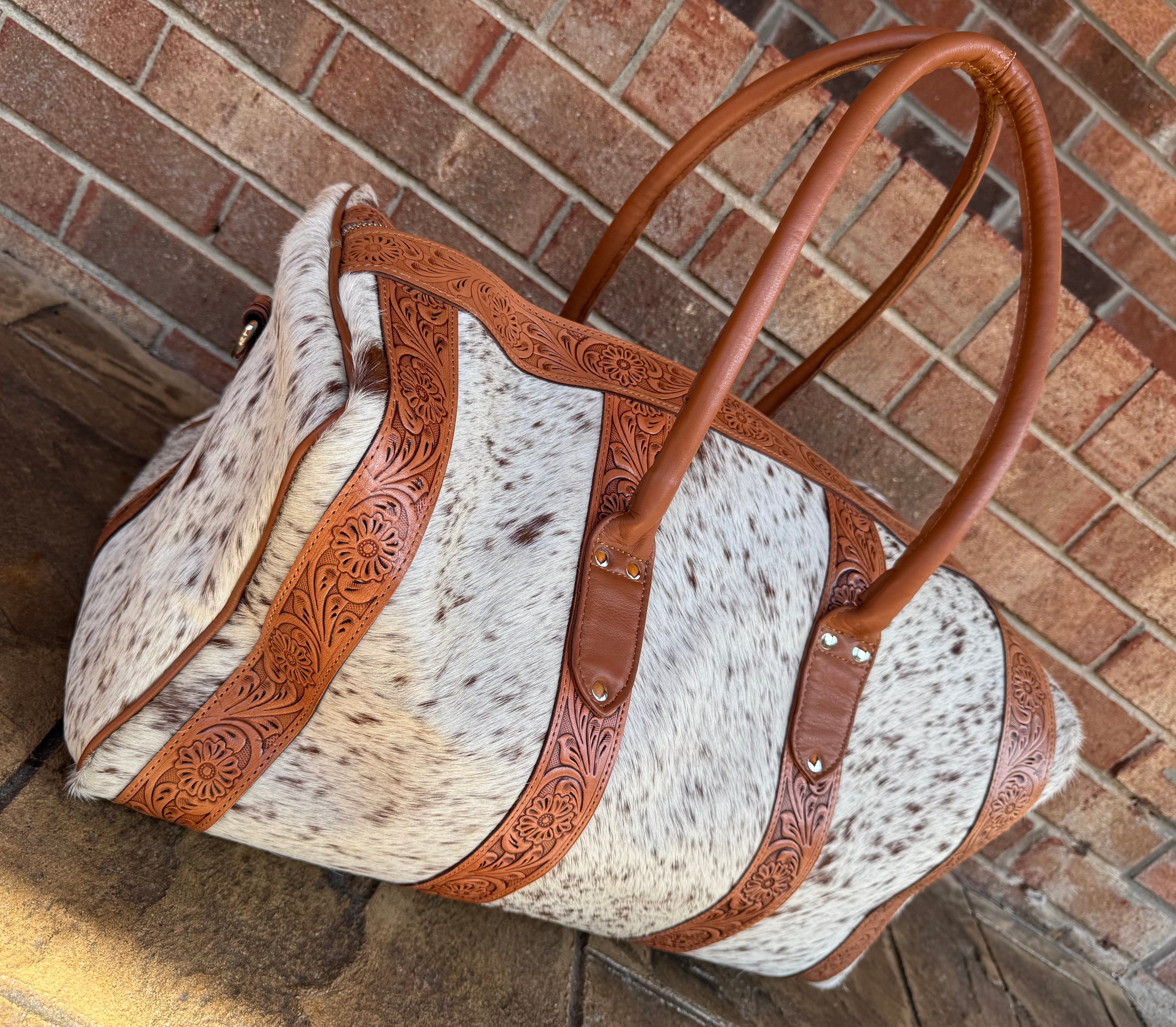 Tooled Leather and Cowhide Duffle Bag (Tan/White Cowhide)