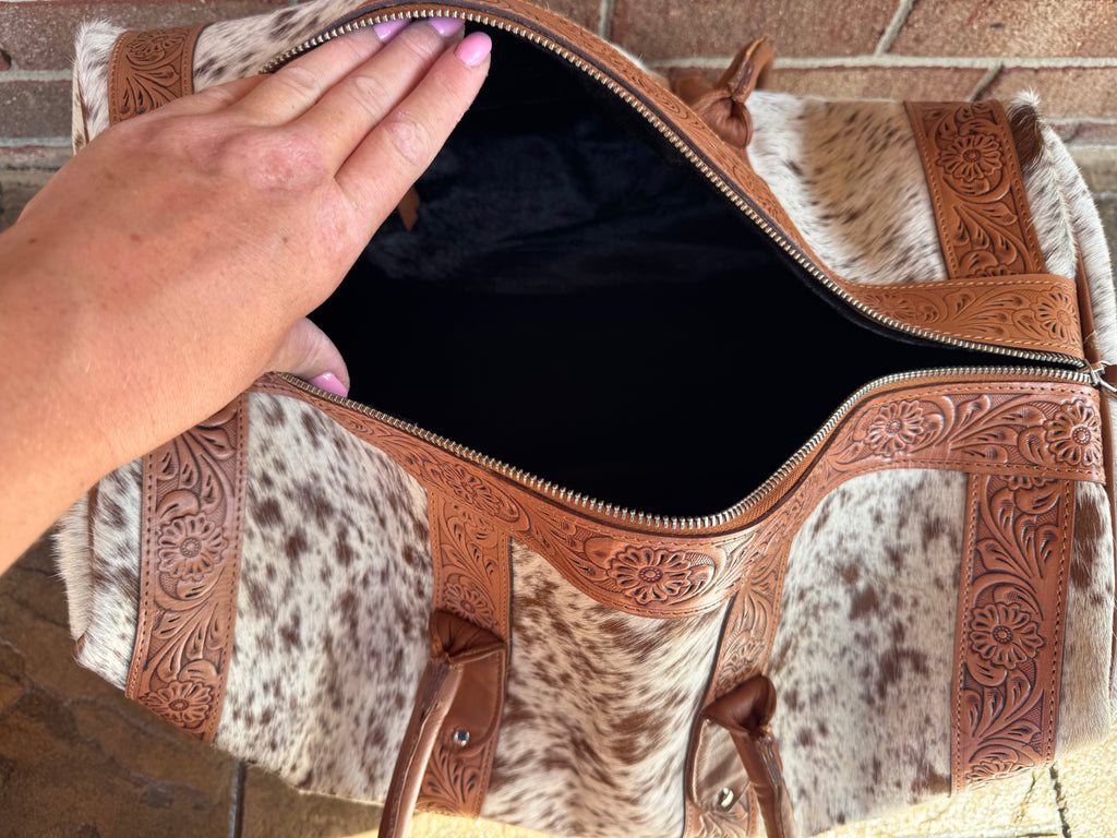 Tooled Leather and Cowhide Duffle Bag (Tan/White Cowhide)