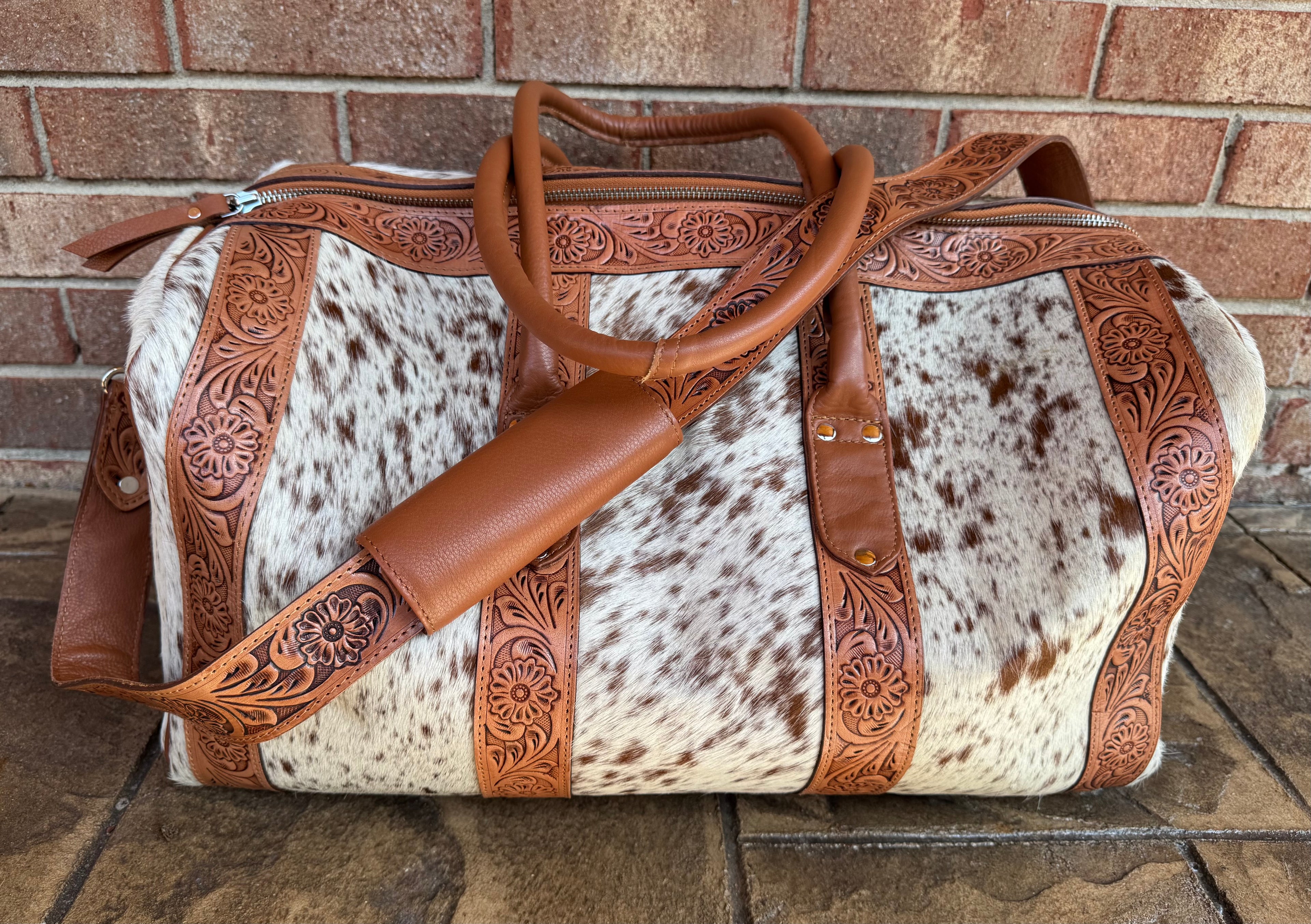 Tooled Leather and Cowhide Duffle Bag (Tan/White Cowhide)