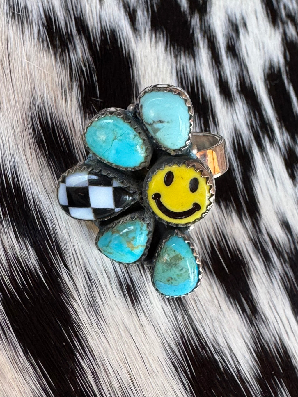 Smiley Checkered Stone Ring