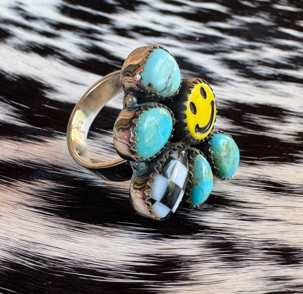 Smiley Checkered Stone Ring