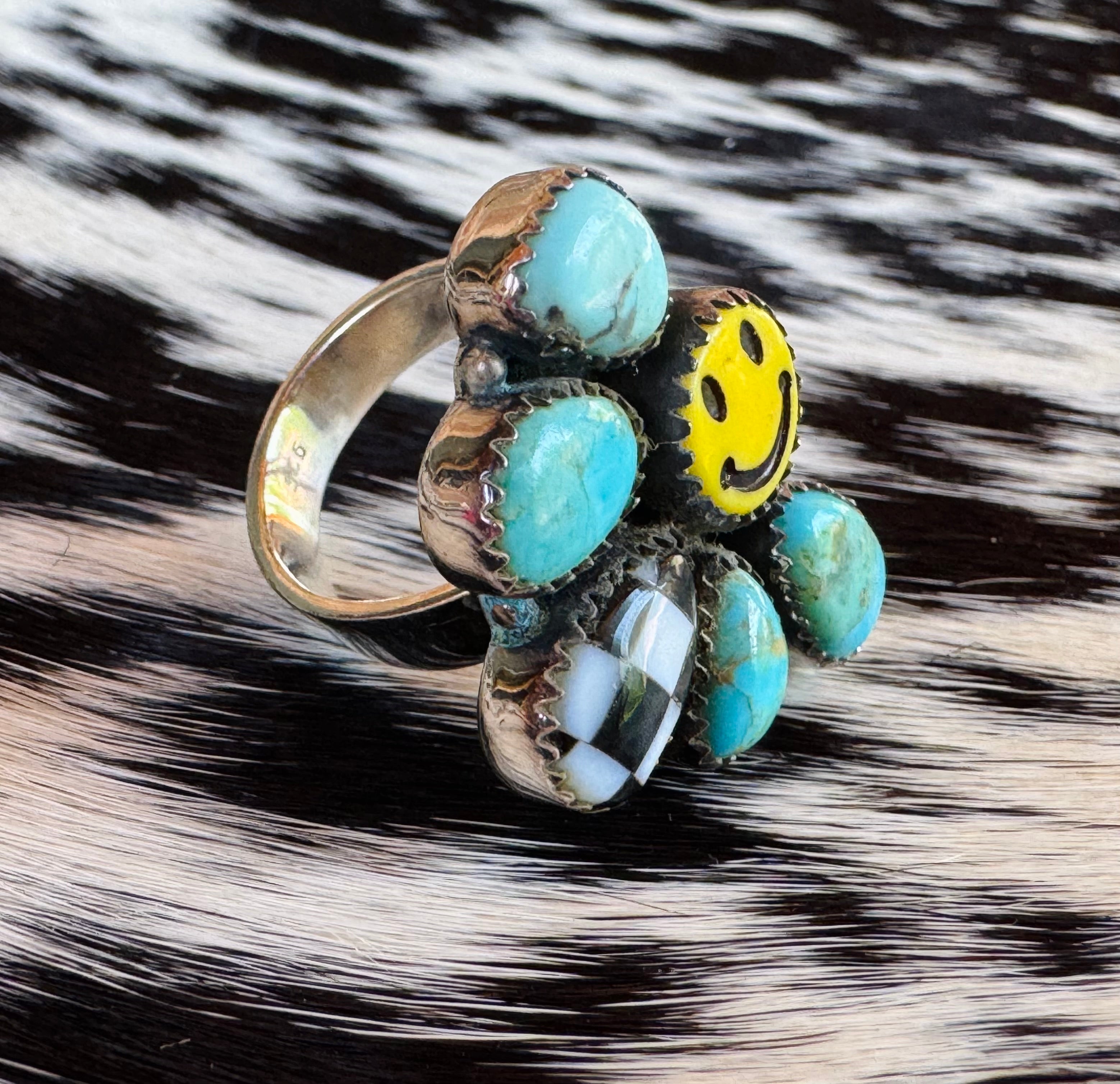 Smiley Checkered Stone Ring