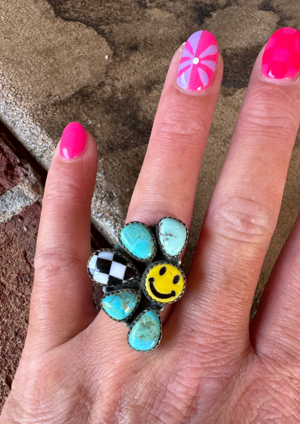 Smiley Checkered Stone Ring