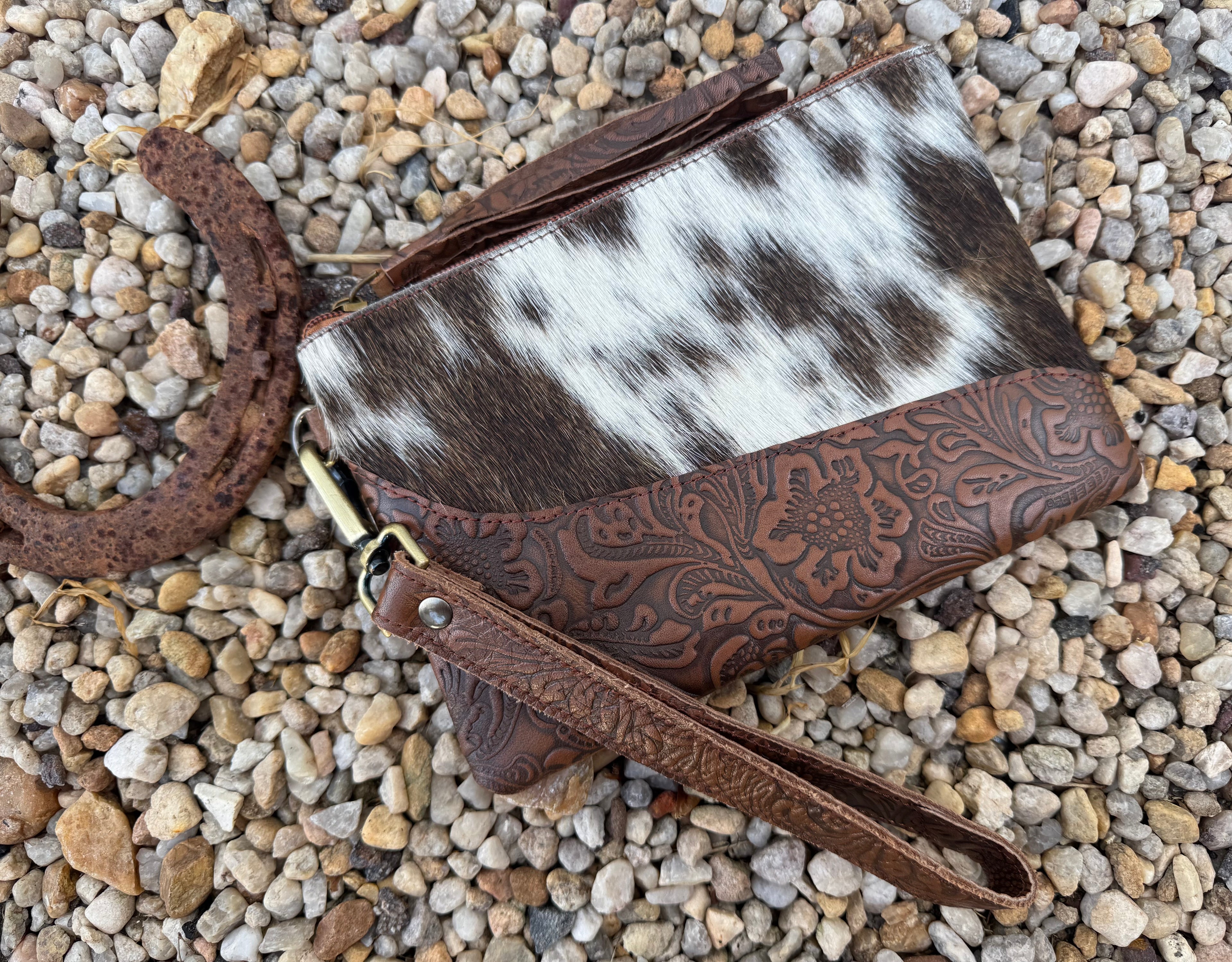 Tooled Cowhide Wristlet (Tan)