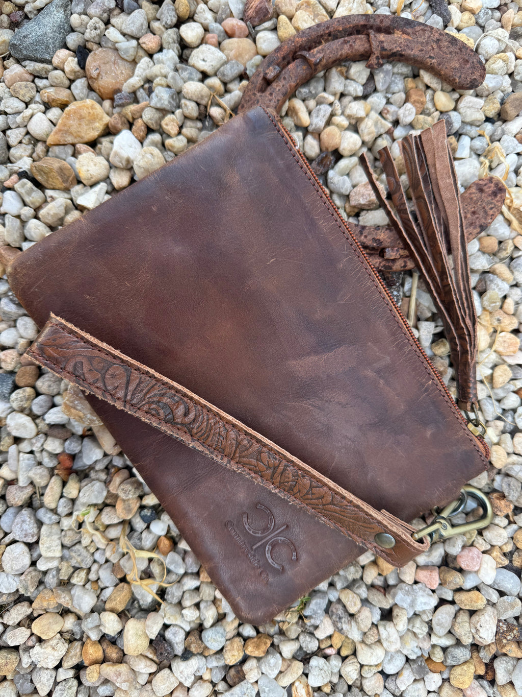 Tooled Cowhide Wristlet (Tan)
