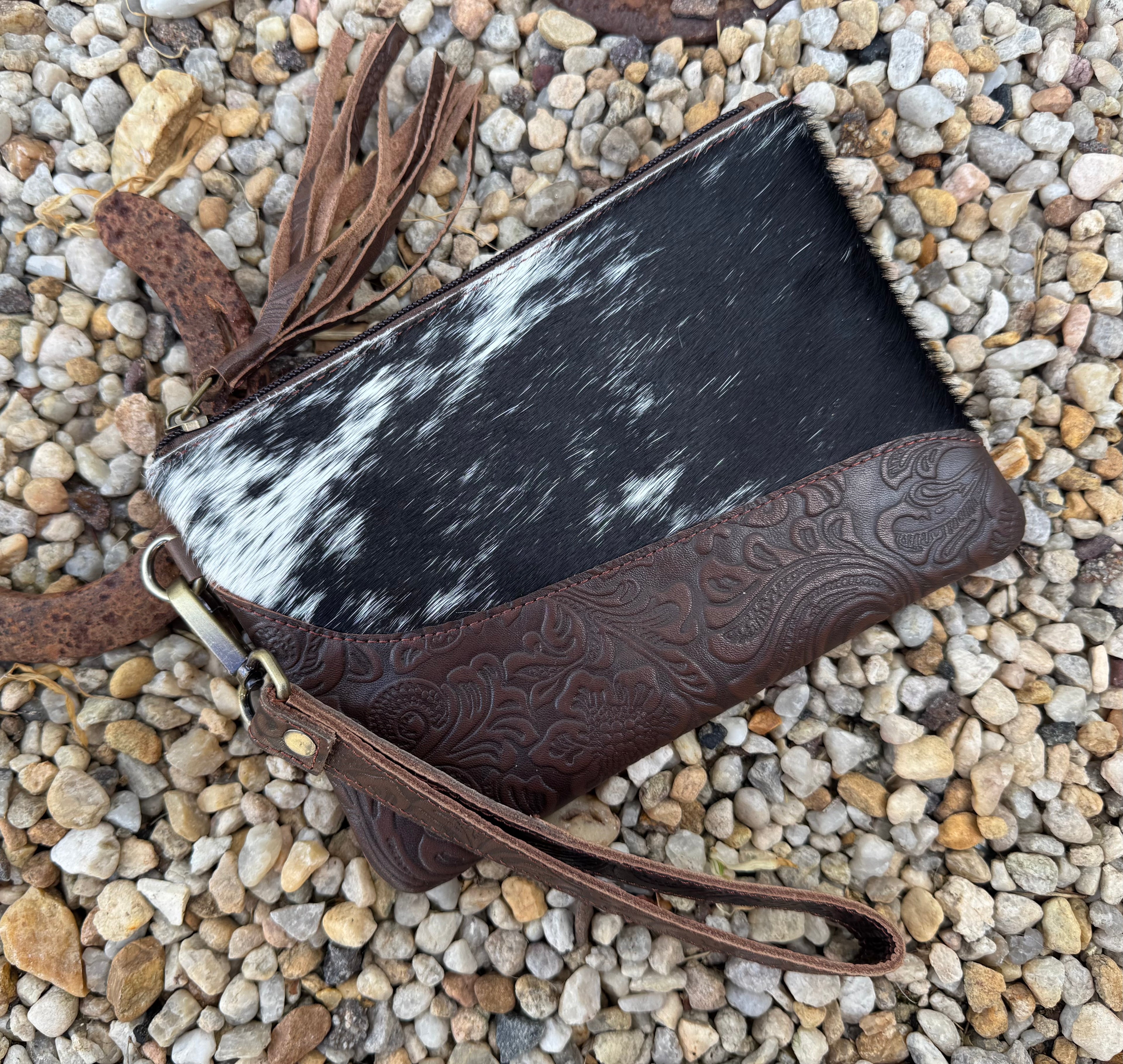 Tooled Cowhide Wristlet (Dark Brown)