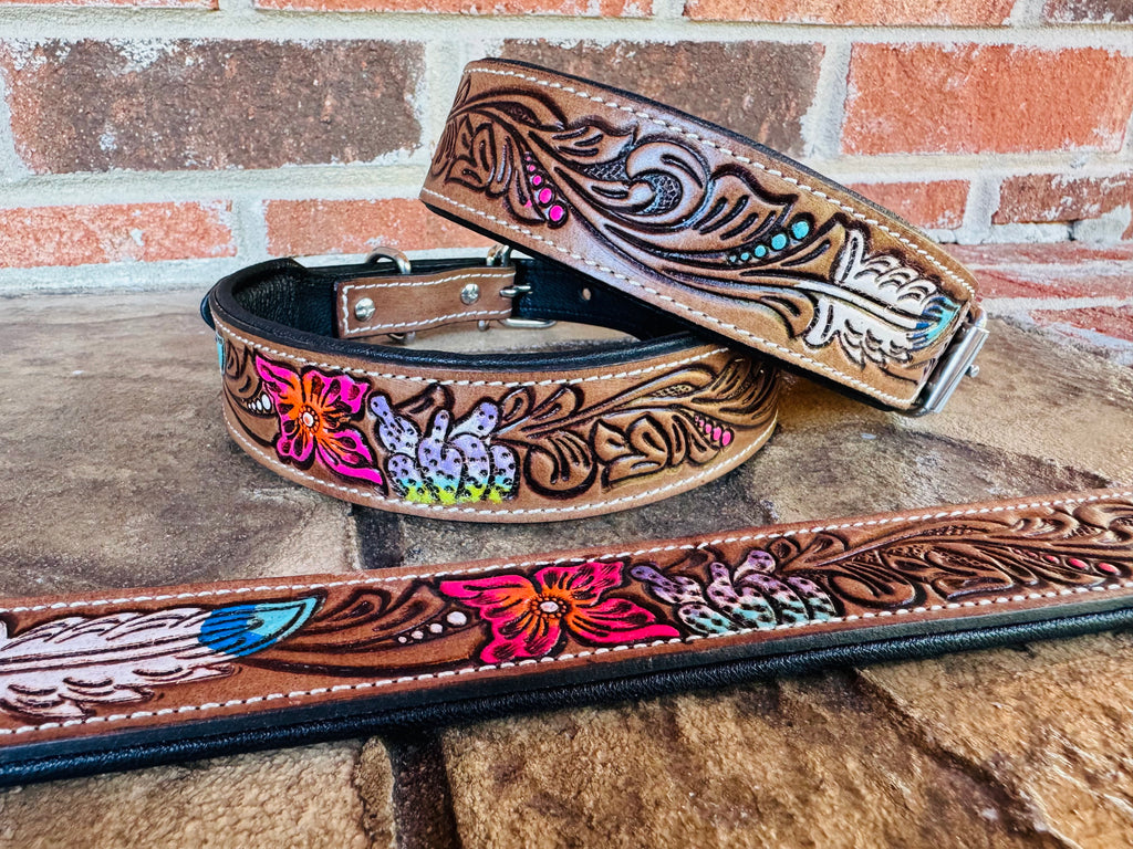 Floral and Feather Leather Dog Collar
