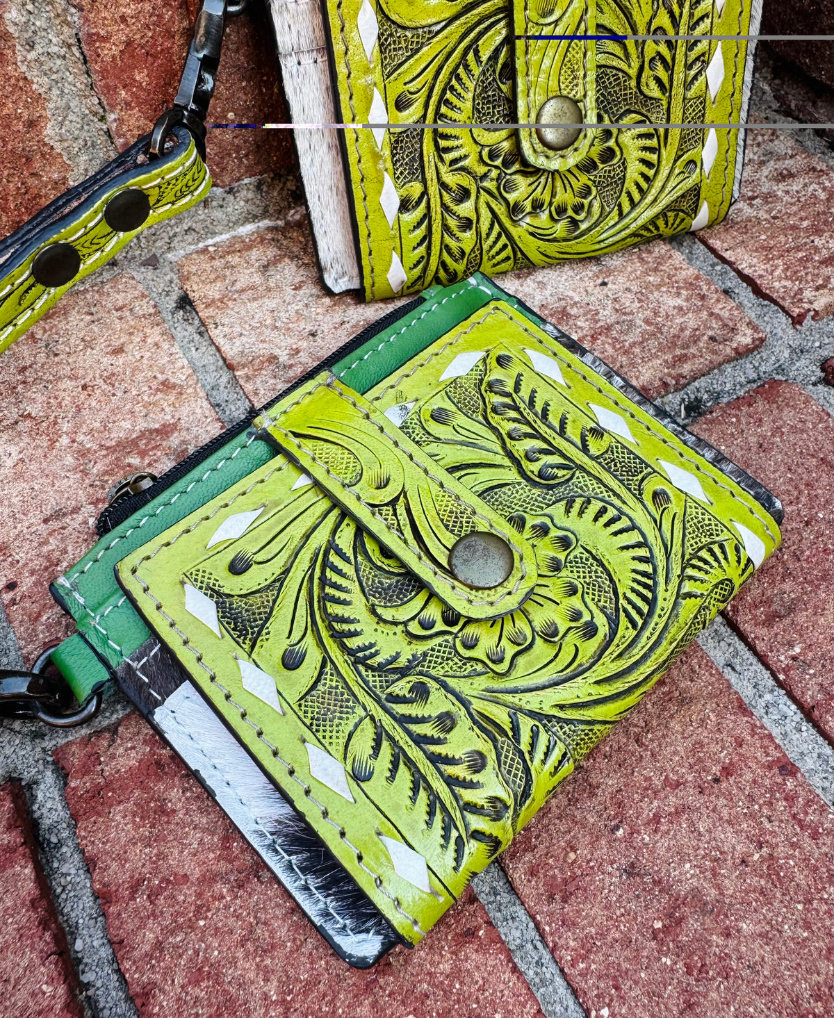 Green Leather and Cowhide Wristlet Wallet