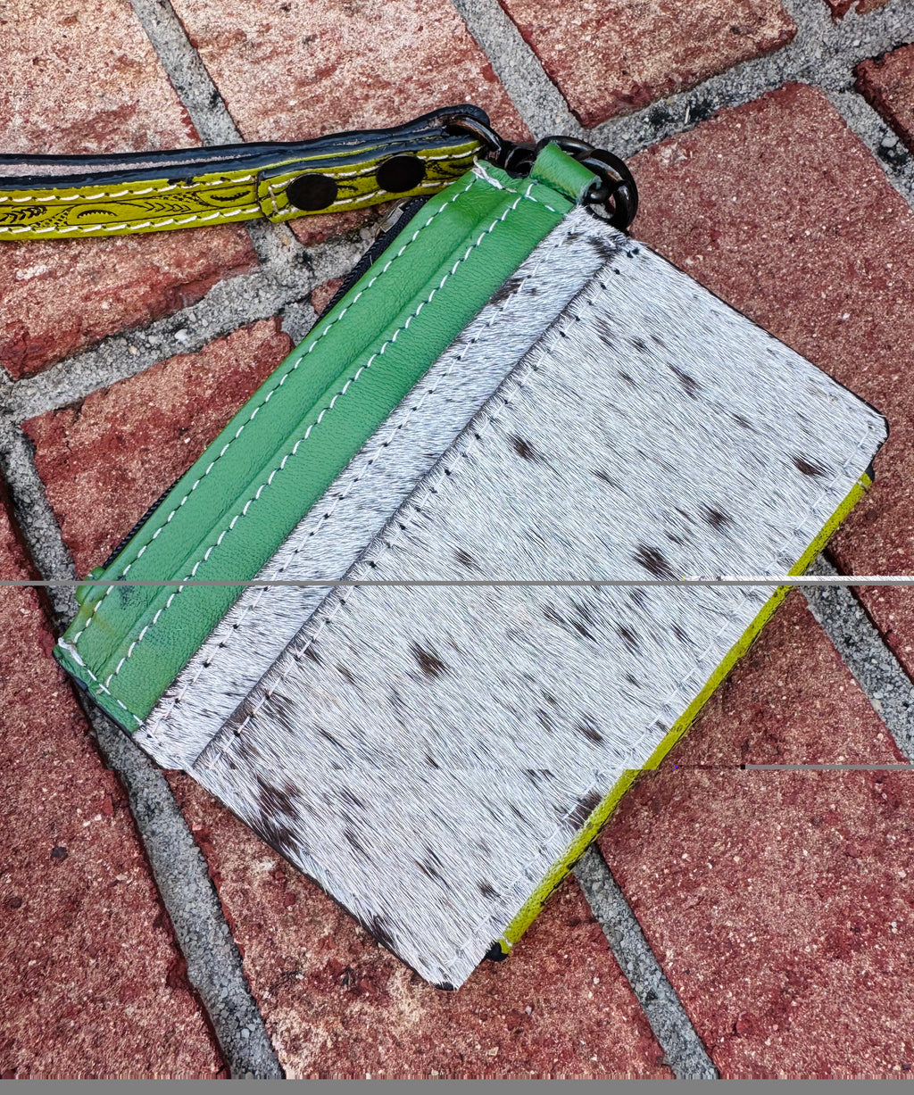 Green Leather and Cowhide Wristlet Wallet
