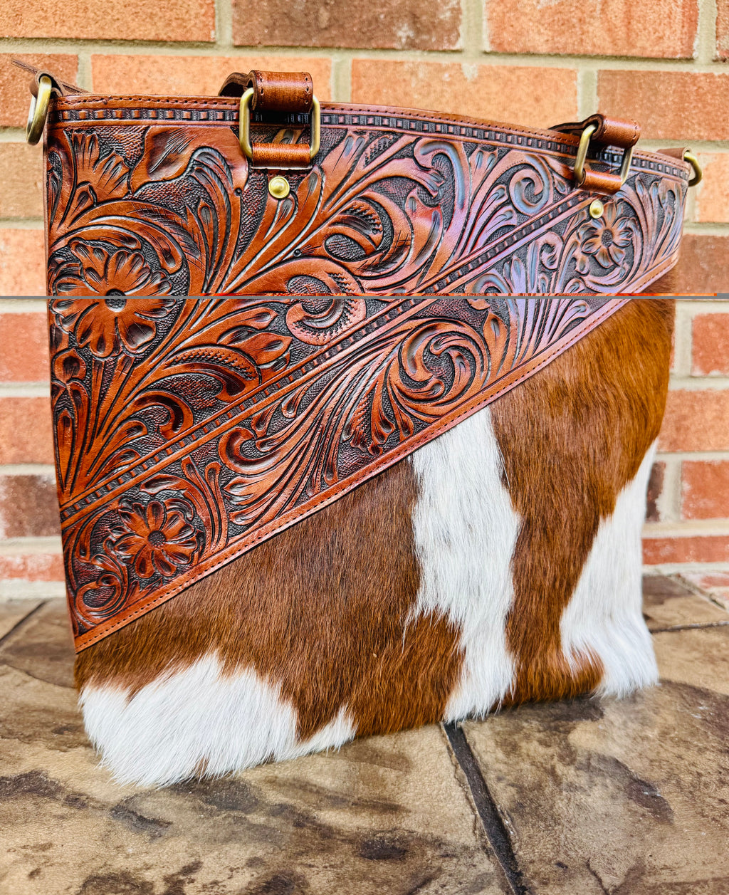 Ranch House Tooled Leather and Cowhide Purse