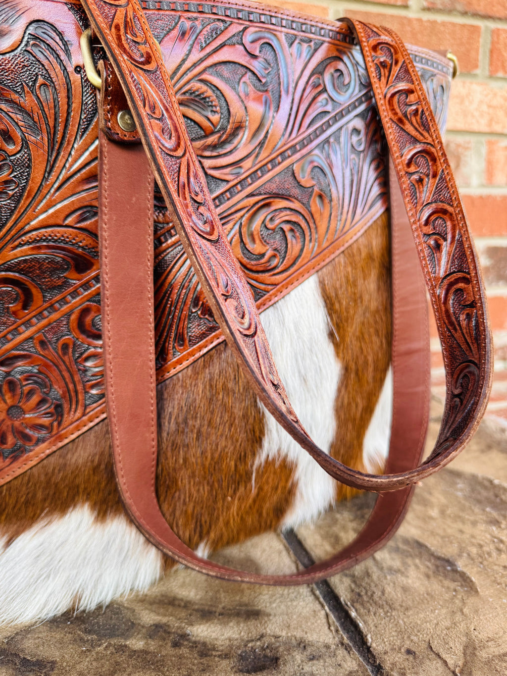 Ranch House Tooled Leather and Cowhide Purse