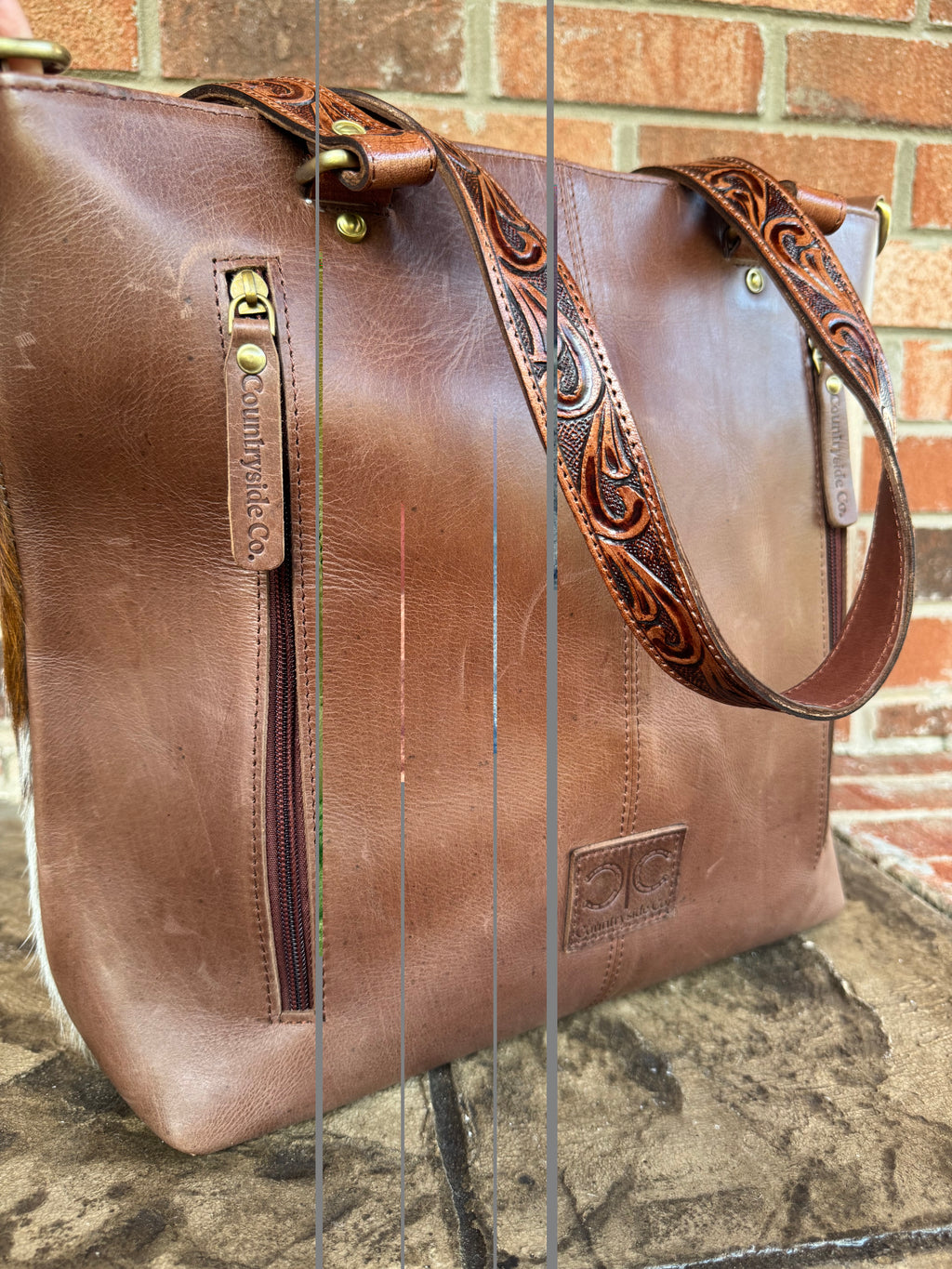 Ranch House Tooled Leather and Cowhide Purse