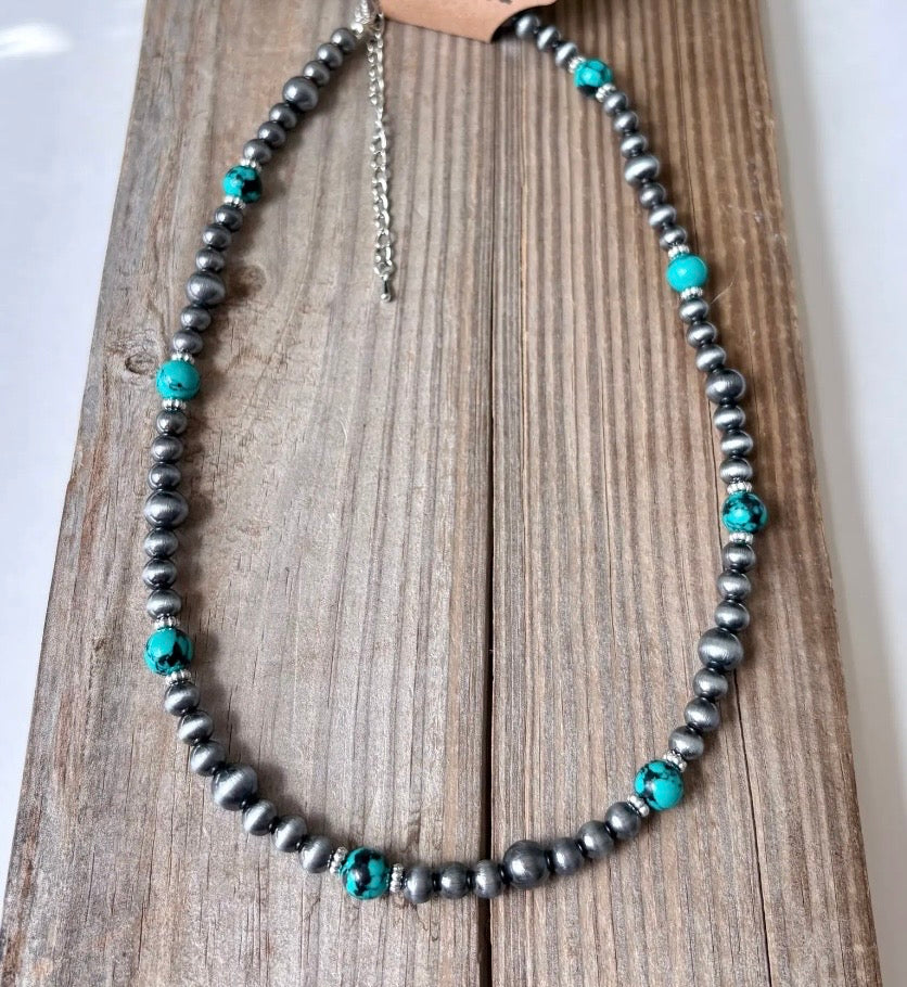 Navajo Pearl Inspired Necklace With Turquoise Stone Beads
