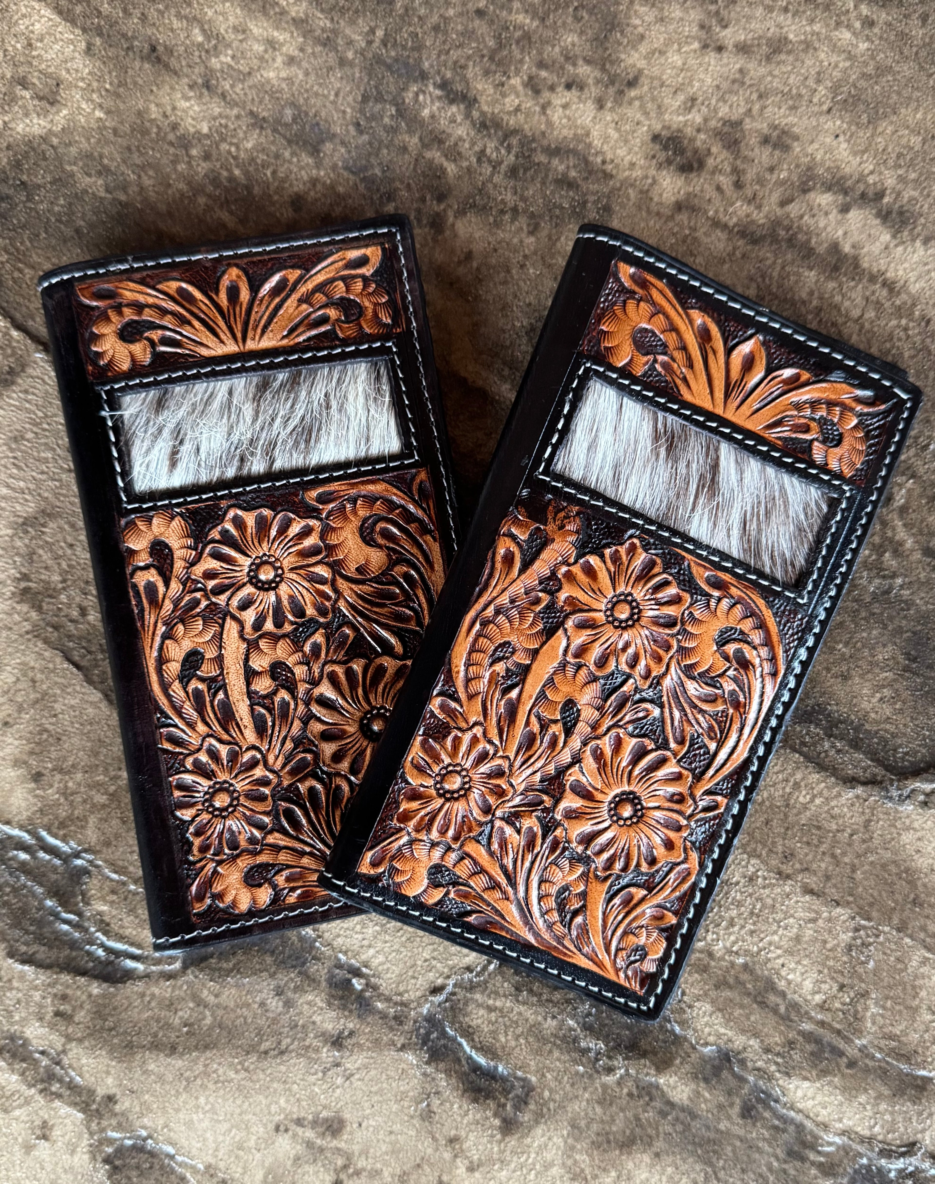 Tooled Leather and Rectangle Cowhide Wallet