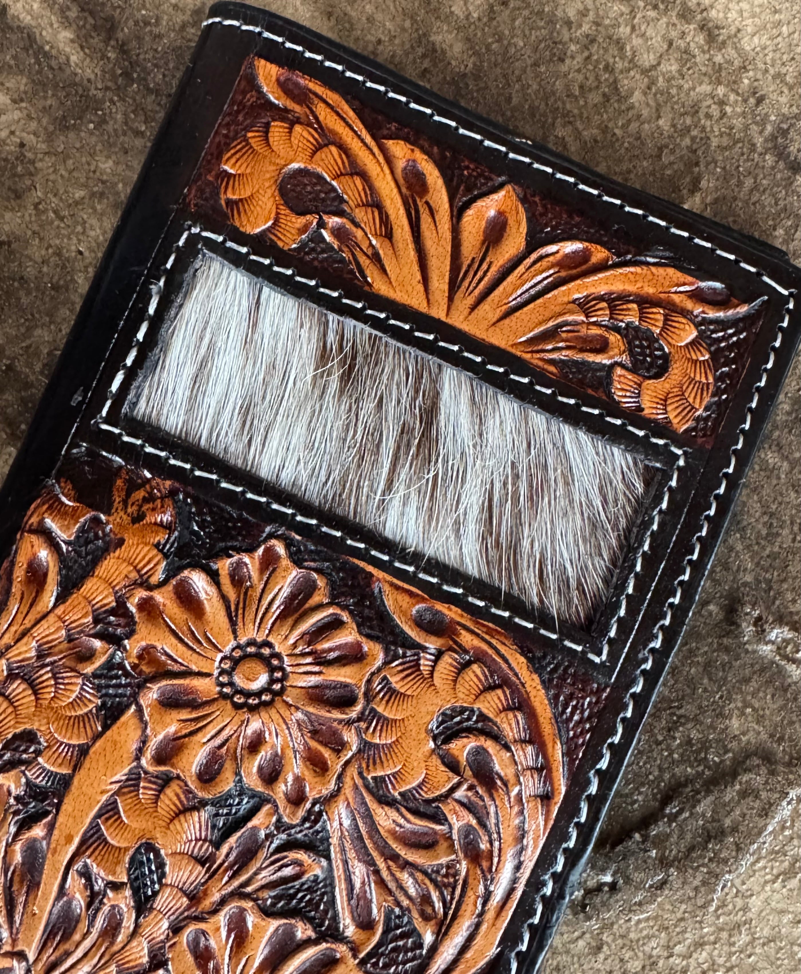 Tooled Leather and Rectangle Cowhide Wallet