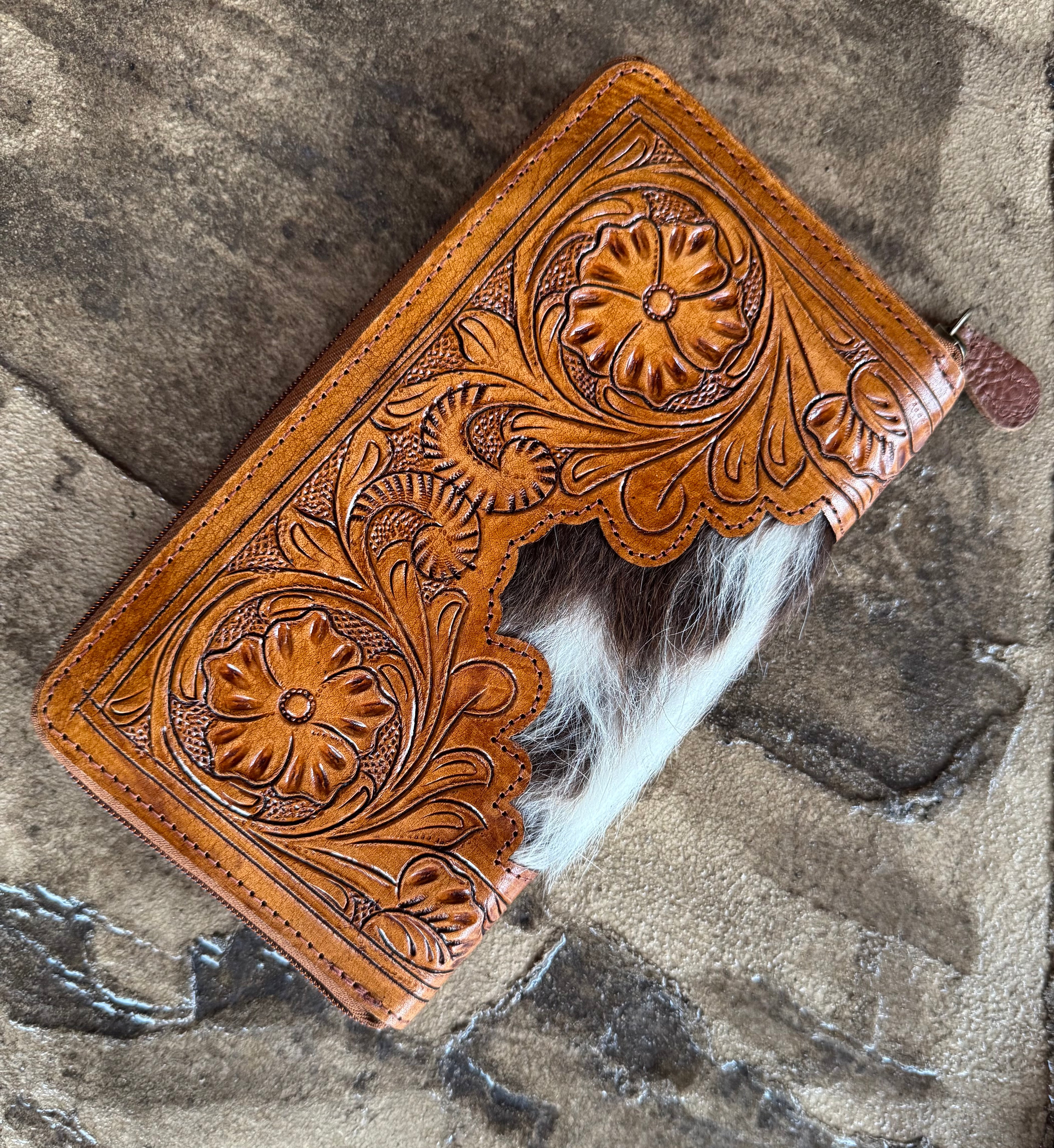 Zipped Tooled Leather And Cowhide Wallet