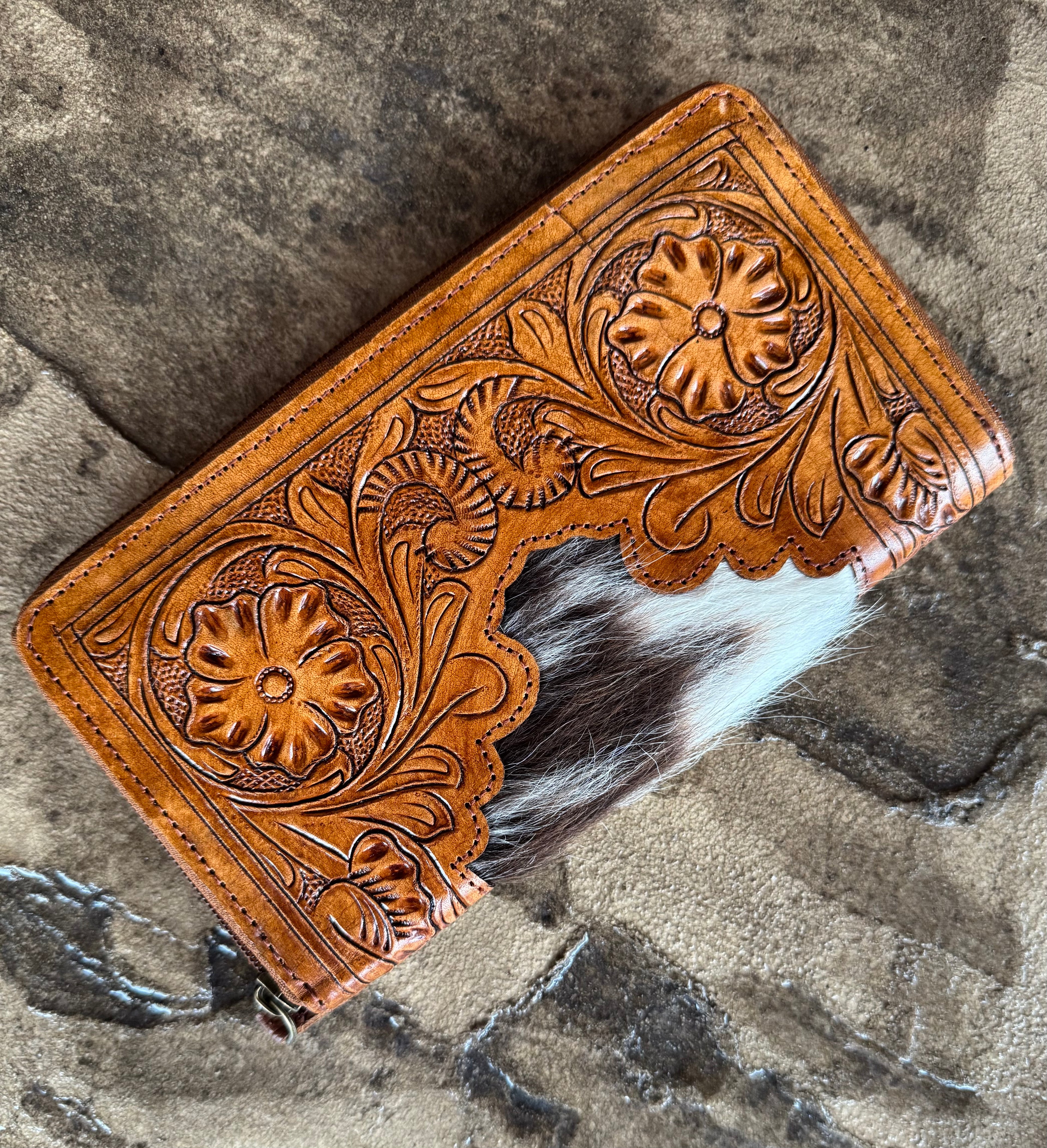 Zipped Tooled Leather And Cowhide Wallet