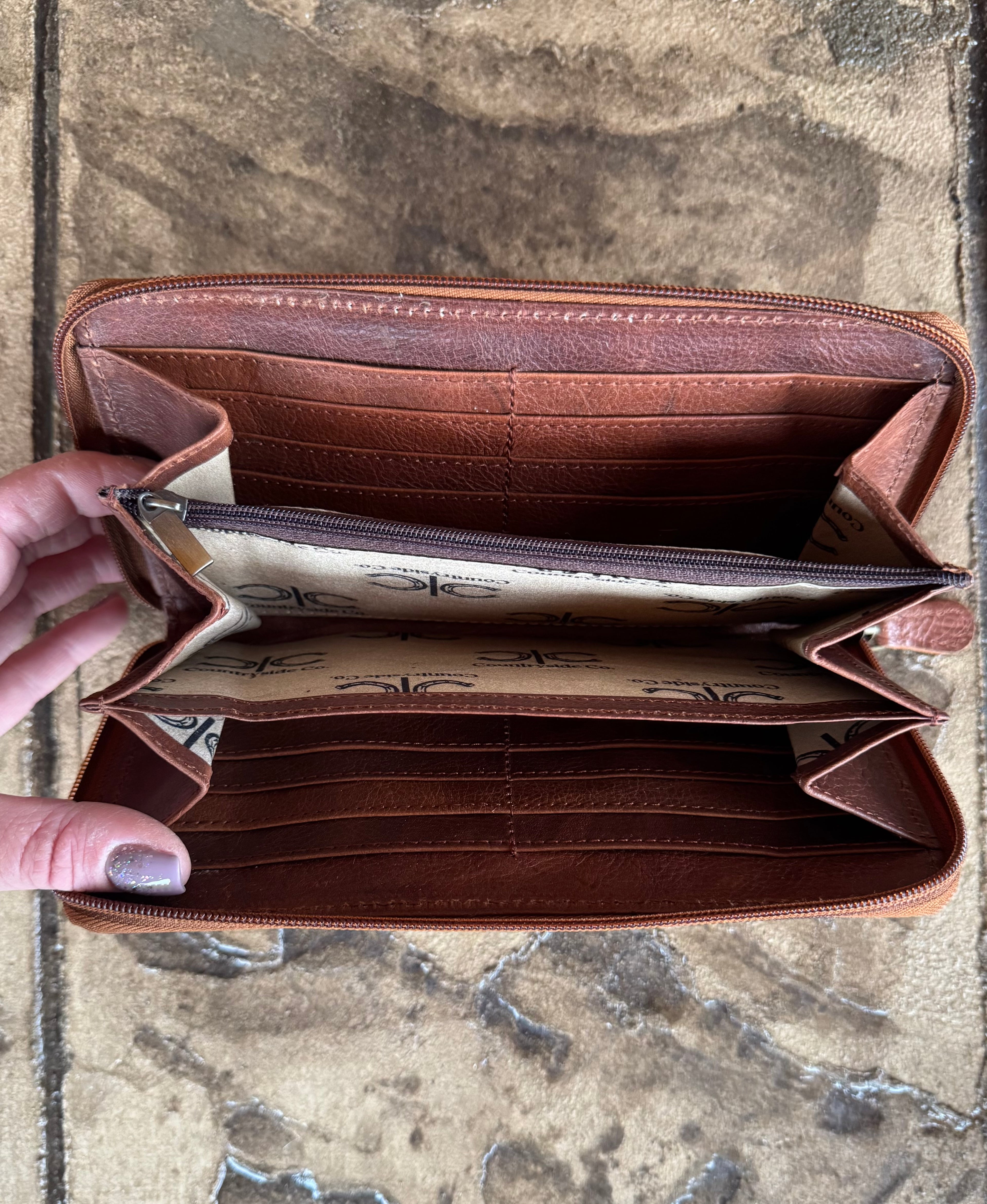 Zipped Tooled Leather And Cowhide Wallet