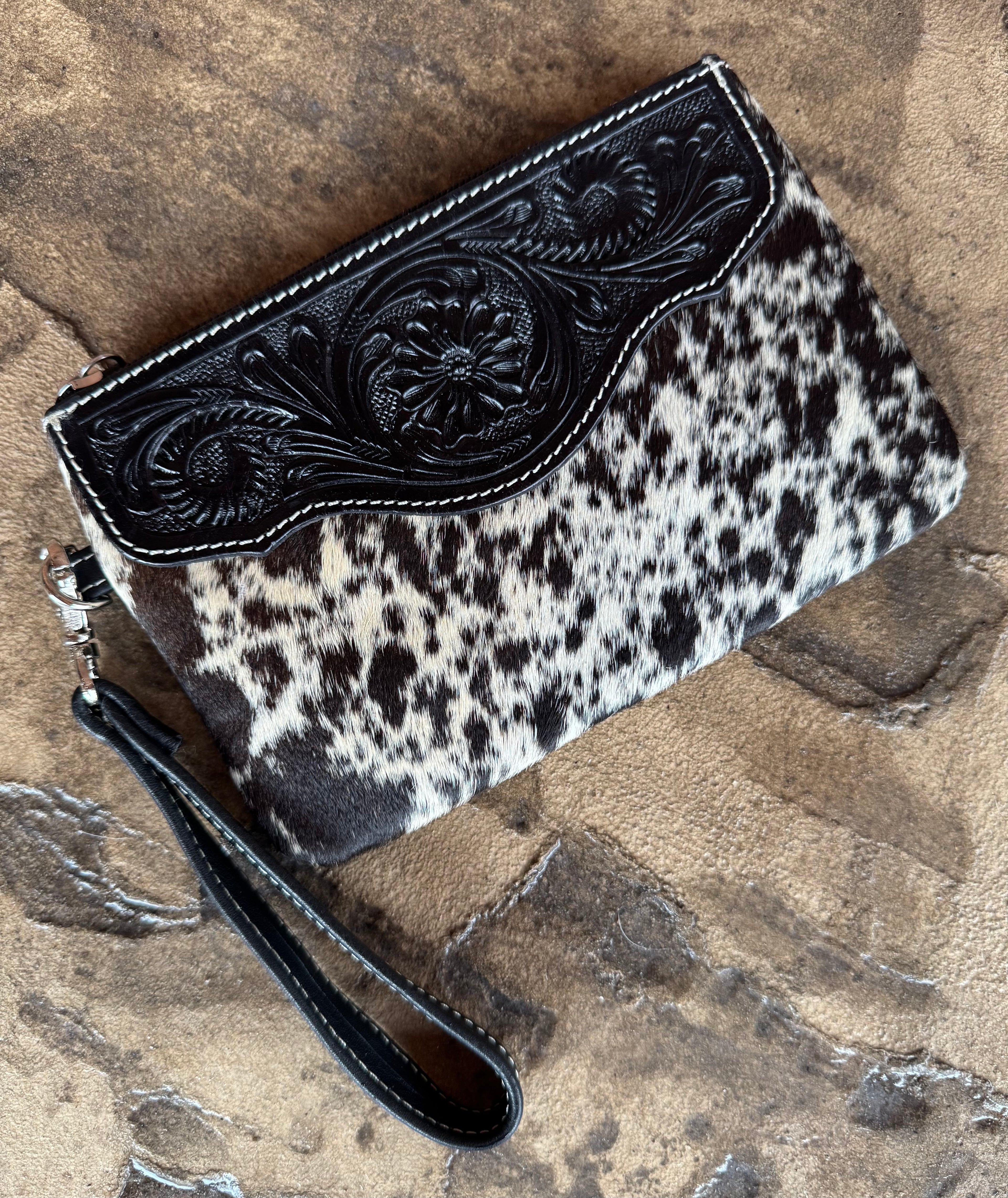 Flower Tooled And Black Cowhide Wristlet