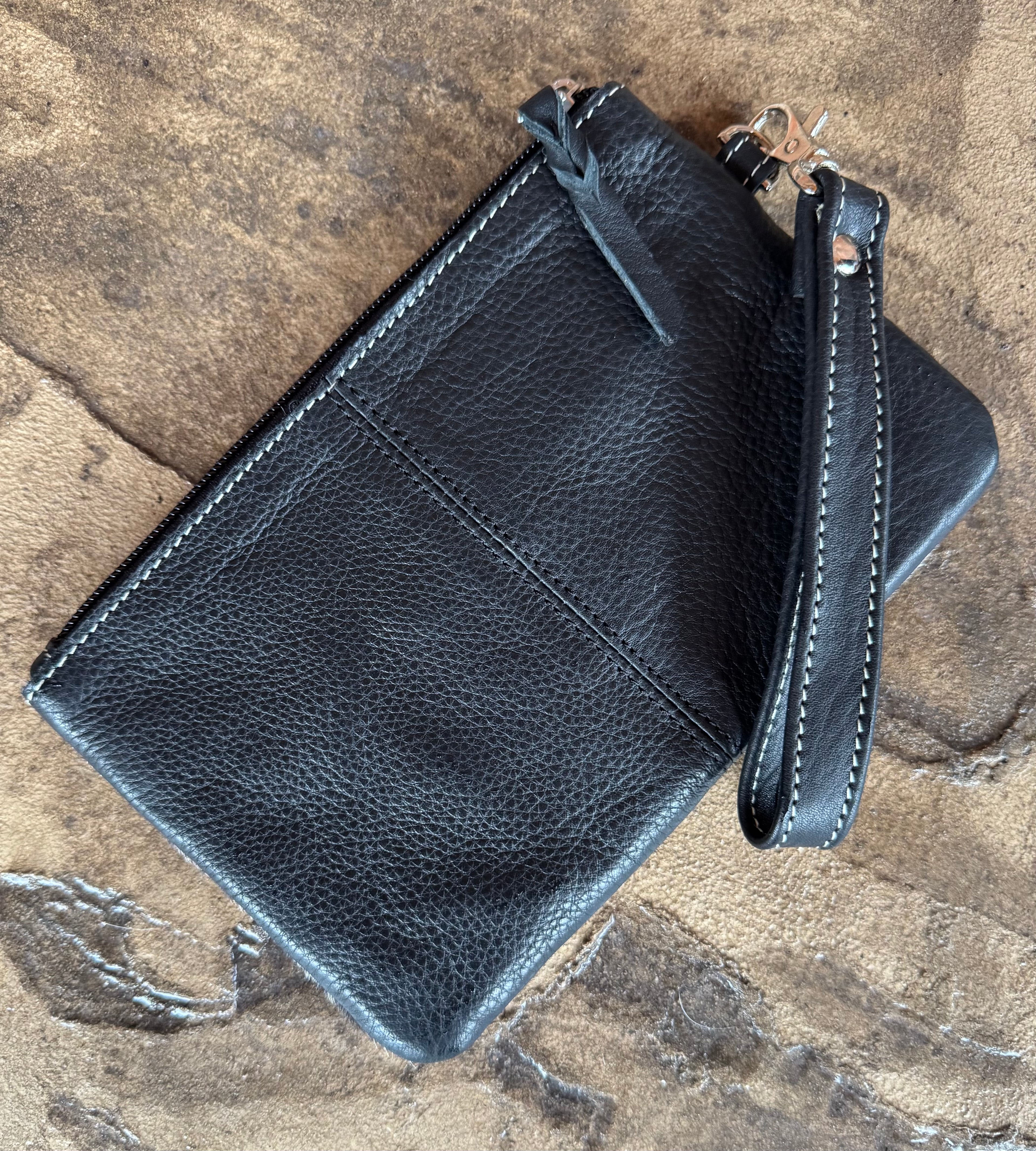 Flower Tooled And Black Cowhide Wristlet