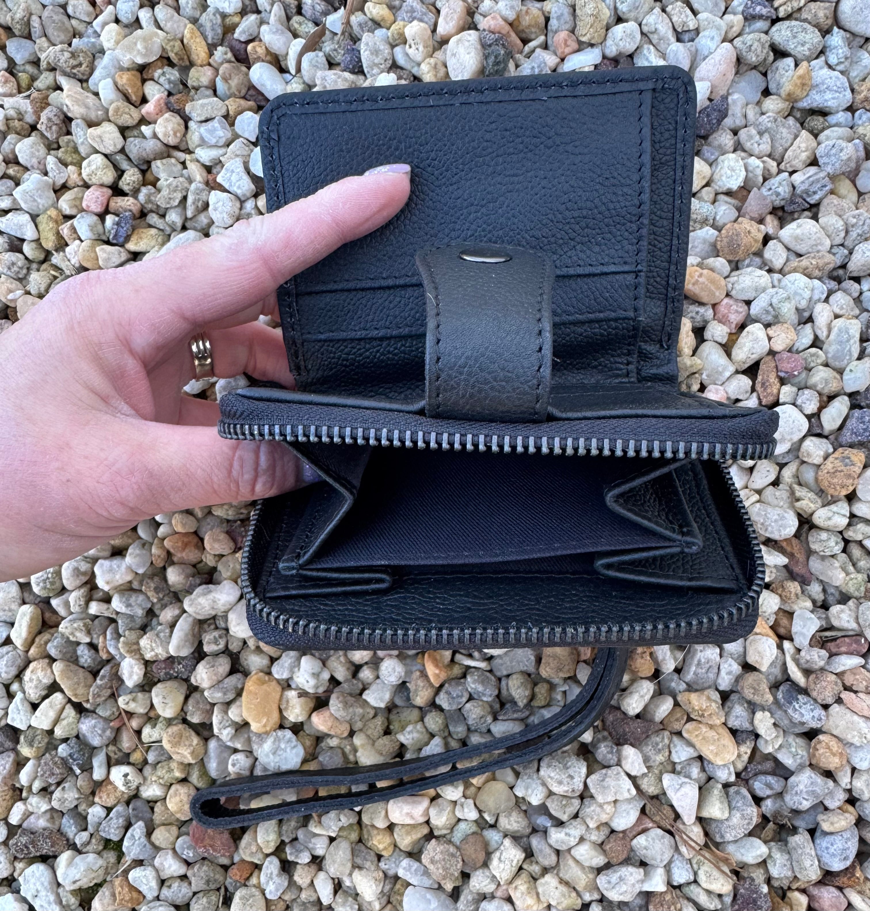 Black Cowhide And Leather Wristlet Wallet