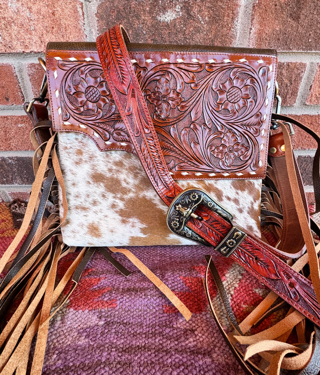 Tooled Leather Fringe Crossbody